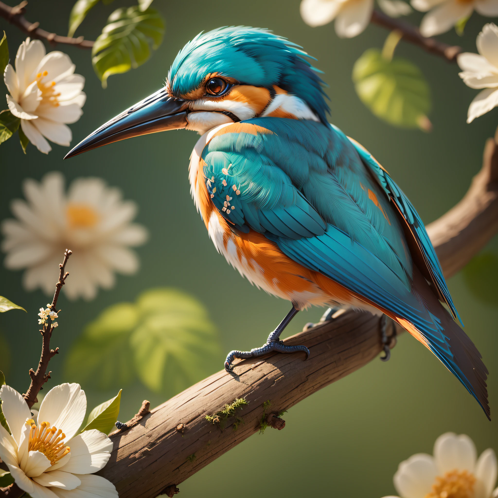 There is a kingfisher sitting on a branch with flowers, highly realistic photo, trending at 5 0 0 pixels, trending at 500 pixels, beautiful nature, beautiful photo by Matija Jama, nature photo, kingfisher f cgsociety, by Liang Kai, colorful kingfisher with a very long, very beautiful photo, by Juergen von Huendeberg --auto --s2
