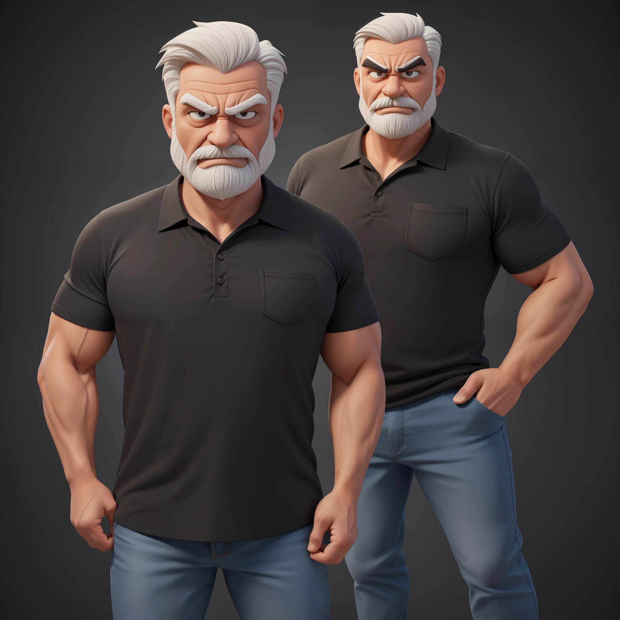 Create an 8K cartoon of an angry, full-body, well-muscled old man in a black and white shirt. Make sure the resulting image has a cartoonish look, with vibrant colors and smooth edges. Add details to give the old man a cheerful look, such as furrowed brows and a tight mouth. Make sure that the black shirt striped with white is an important element of the image, and add details to make it attractive and interesting. Add textures and details to make the image more realistic, such as the appearance of the shirt texture and the appearance of the skin. Make sure the resulting image is high resolution, 8K quality." —c 10 —ar 2