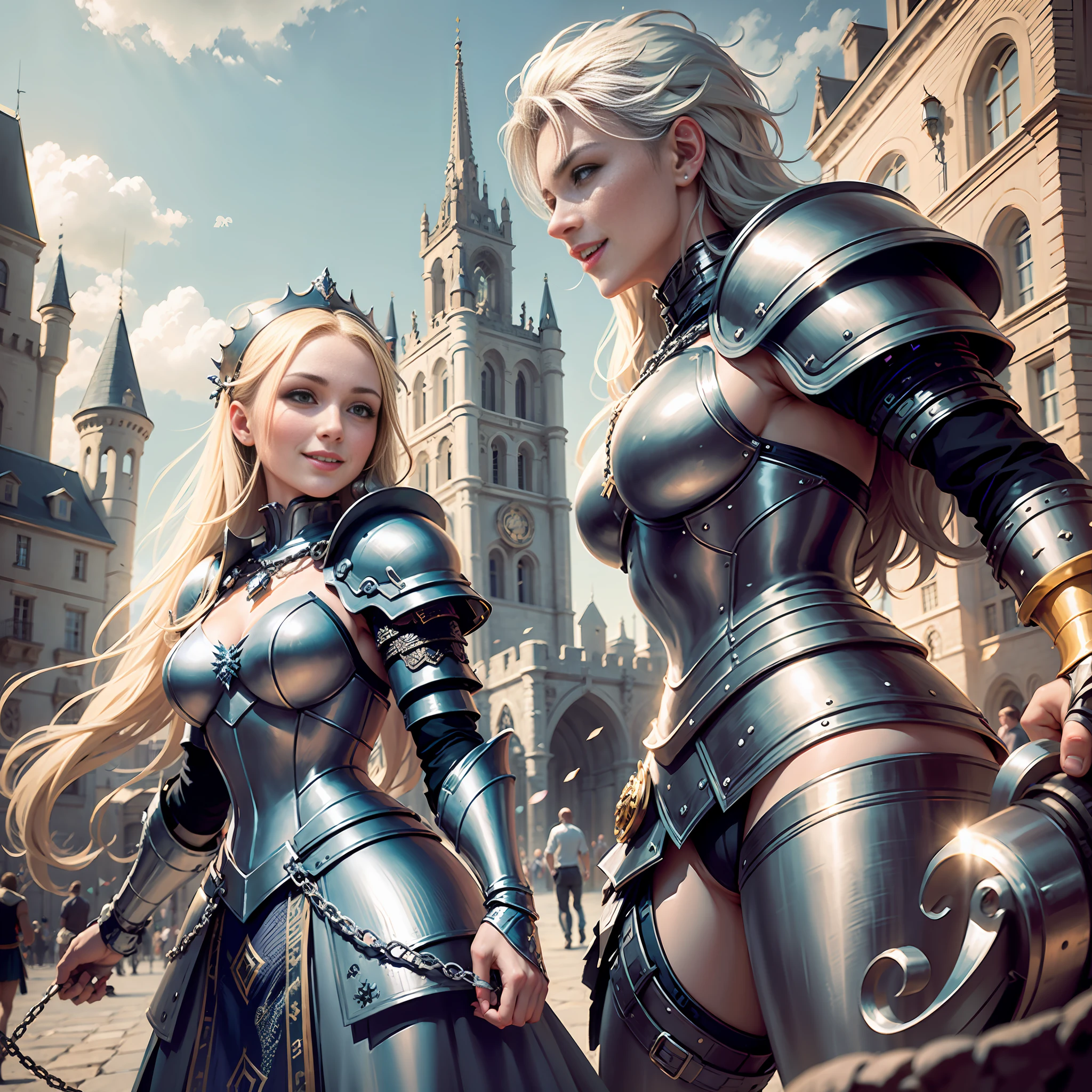 (((Medium shot))), couple, (a man and a woman), two individuals, outside the castle, jousting, playful, playful, sweet, happy, smile, armor, chain mail, armor, happy, pretty eyes, playful, surrealism, pov, romanticism, cinematic lighting, 8K, UHD, masterpiece, ccurate, anatomically correct, textured skin, high detail, high quality, high resolution, award-winning, best quality, 16K, bad body, bad hands, bad legs.
