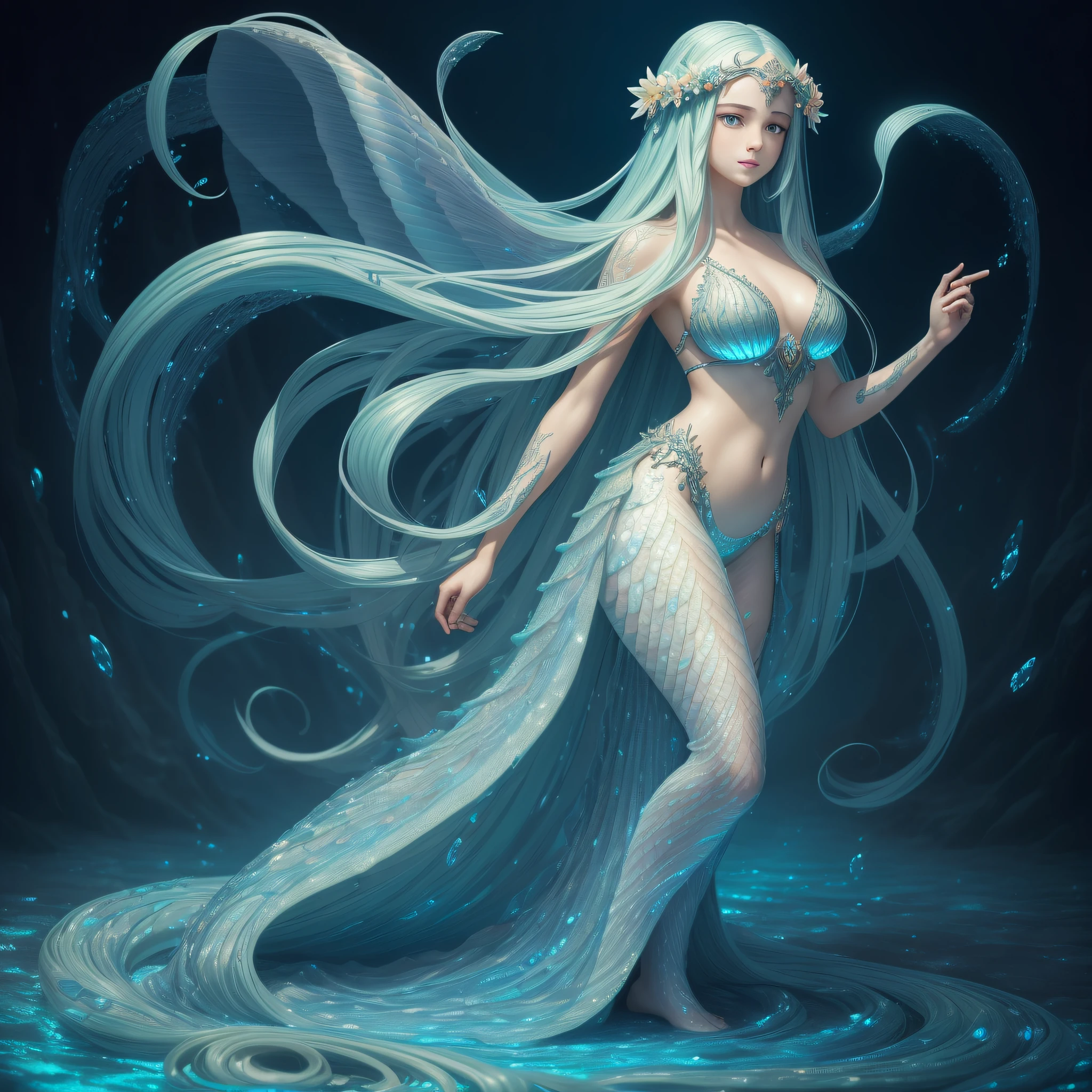 (masterpiece:1.3), (best quality:1.2), (high detail:1.4), (realistic:1.2), Nymph, seabed, full body, extremely beautiful (glowing scales:1.3, long flowing hair:1.2)