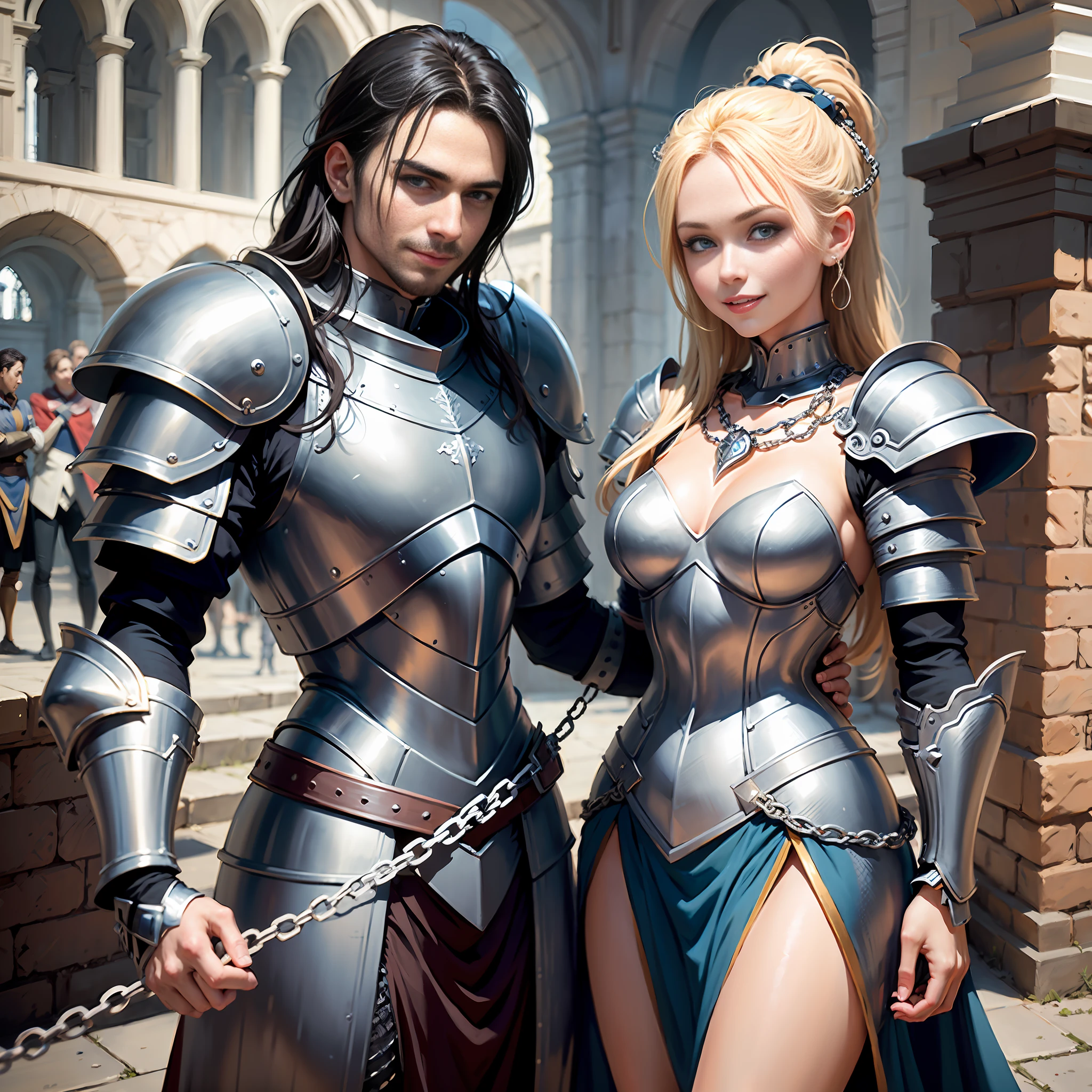 (((Medium shot))), couple, (a man and a woman), two individuals, outside the castle, jousting, playful, playful, sweet, happy, smile, armor, chain mail, armor, happy, pretty eyes, playful, surrealism, pov, romanticism, cinematic lighting, 8K, UHD, masterpiece, ccurate, anatomically correct, textured skin, high detail, high quality, high resolution, award-winning, best quality, 16K, bad body, bad hands, bad legs.