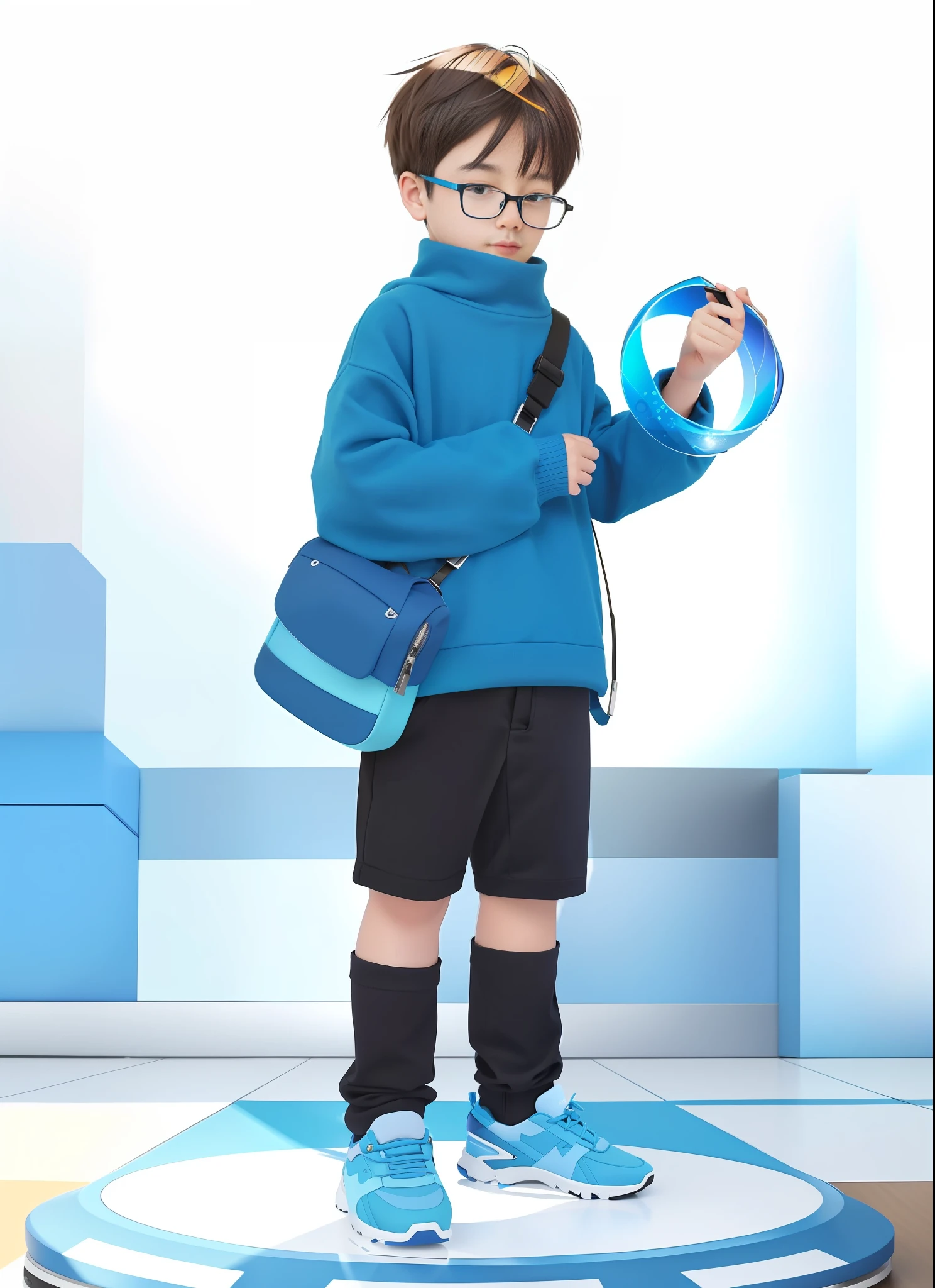 A boy in a blue sweater, glasses, no hat, full portrait of John Egbert, electronic magician, 2D rendering, inspired by Goro Fujita, 2D illustration, 2D illustration, full-body portrait of short film! , anime style, with the power of ice, crossbody bag, Pokemon trainer, stylish shoes