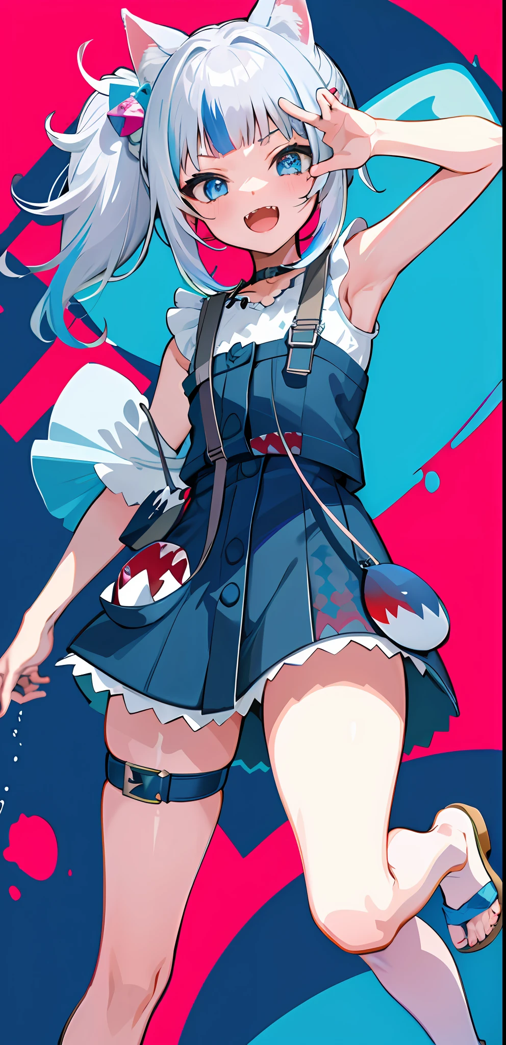 masterpiece, high quality, houshouBikini, highres, absurdres, ultra-detailed, detailed eyes, 8k, ti-emb_kobo-kanaeru, 1girl, colorful eyes, fangs, open mouth, bangs, colorful background, looking at viewer, vibrant, contrast, gradient hair, happy, graffiti wall background, water splash, close up, small breast, 2d, masterpiece, best quality, anime, highly detailed, full body, 1girl, solo, gura_neko, blue dress, cat ears, side ponytail, cube hair ornament, sandals, :d, sharp teeth, shark tail, shoulder bag, shore town