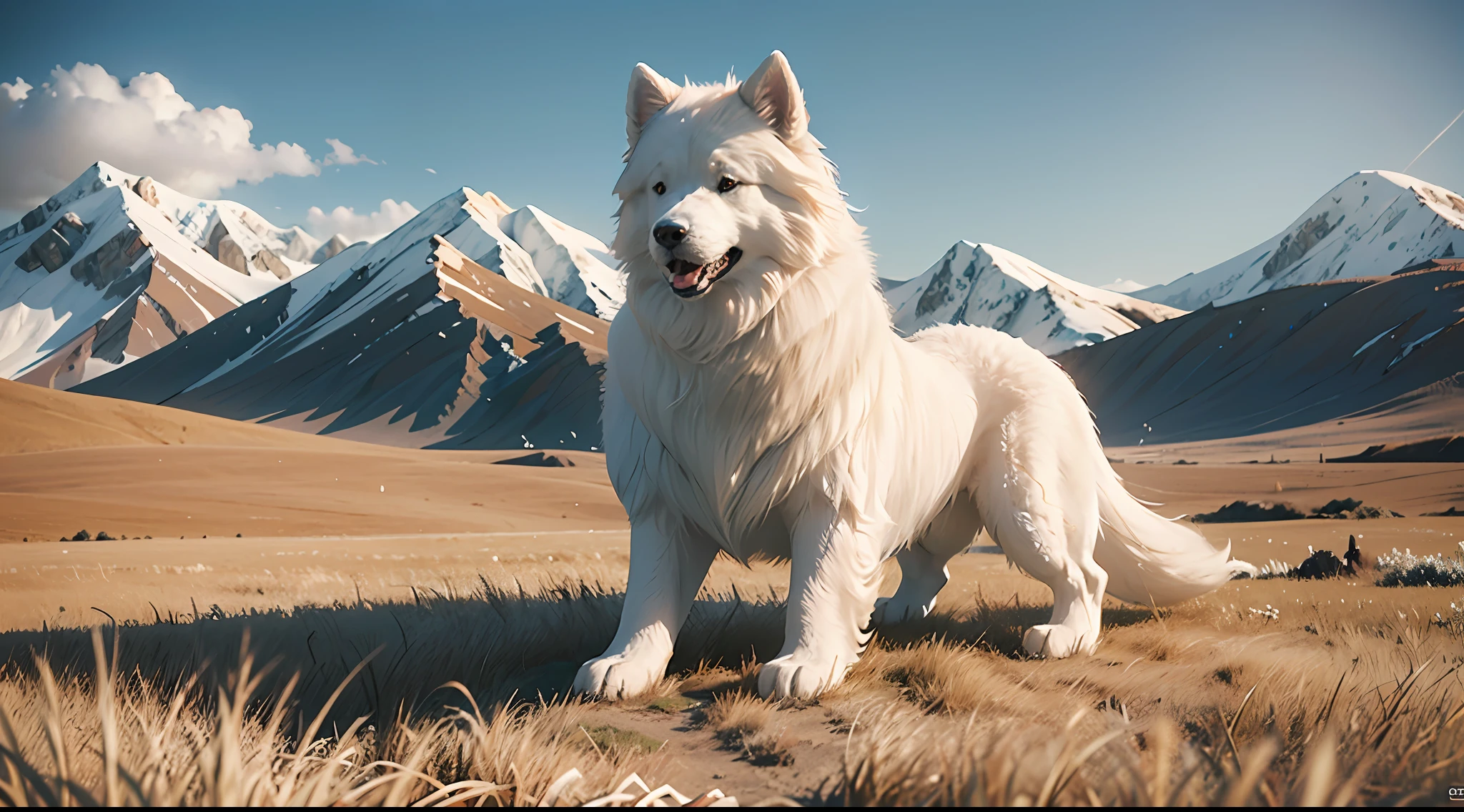 Samoyed dog, steppe, masterpiece illustration, very delicate and beautiful, CG, unity, 8K, wallpaper, masterpiece, highest quality, official art, CG, Unity, ultra high resolution, very elaborate, (best) quality), (realistic, photorealistic: 1.2), 8K, soft lighting, high quality, cinematic lighting.