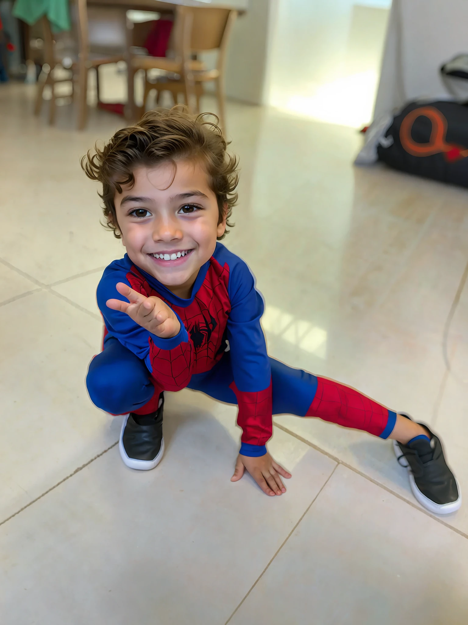 arafed child in a spider - man costume sitting on the floor, posing like a superhero, spiderman!!, super hero pose, kid, saving the day again, diego 5, spiderman, portrait of spiderman, wearing hero costume, puerto rican super hero, caio santos, cute boy, smiling down from above, asher duran, in an action pose, thiago lehmann