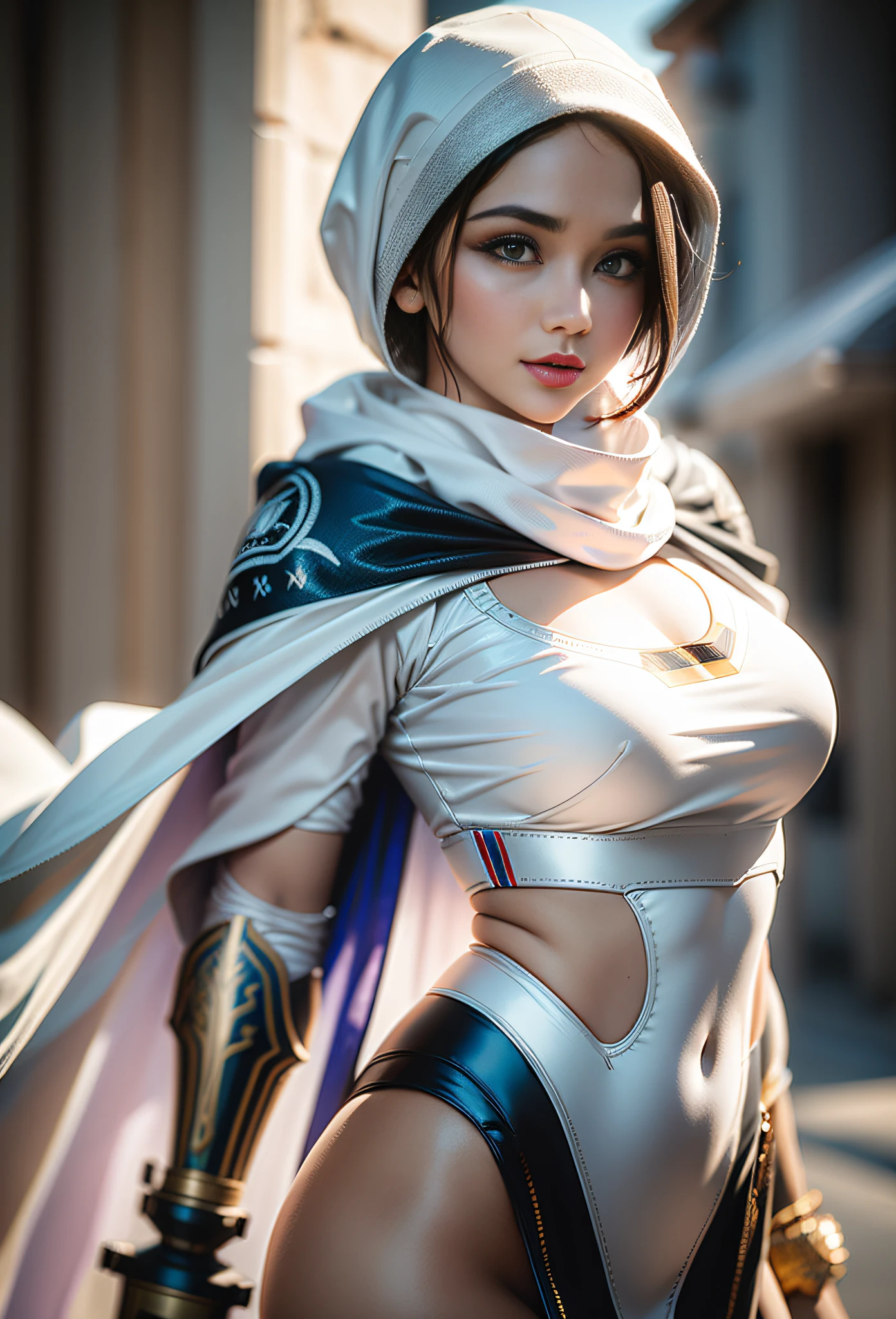 Beauty Waist, Beauty big Breasts, Masterpiece Beauty skinny Girl (Perfect Face & Perfect Skin) Super Sharp In perfect sharp & ultrarrealist Valkyrie white Armor Suit (Wearing Cape & scarf) "short pixie Hair" in 8K, Full HD, Kodak 400 CANON MARK III PHOTOGRAPHY (f/8 SHARPNESS AND SHUTTER SPEED 1/8000 ISO 100 external