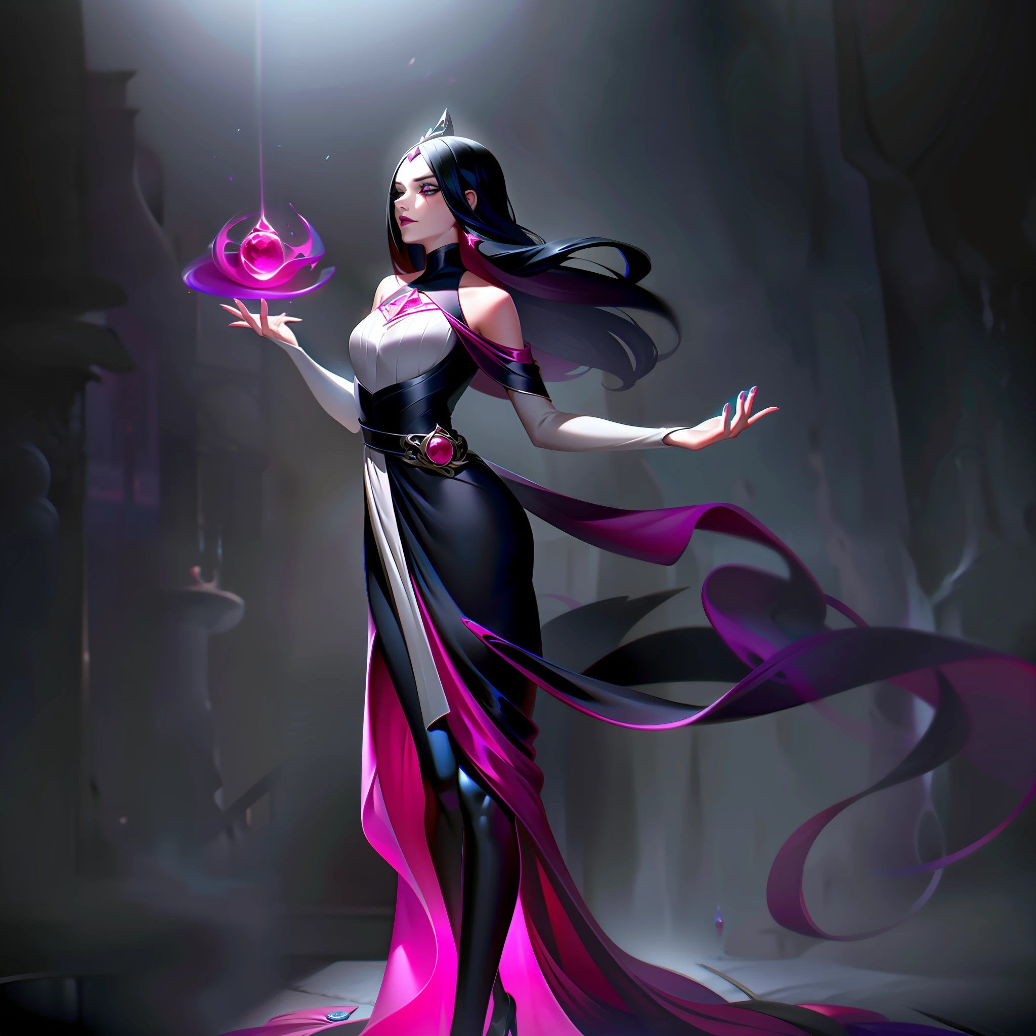 Marguerite Rubywood, or Ruby as she is known, is a delicate-looking and graceful young woman. She has long black hair, which cascades over her shoulders and reaches down to her waist. His face is smooth, with fine and expressive features. His eyes are large and bright, of an intense emerald hue, reflecting an unwavering determination.
Ruby has clear, translucent porcelain-like skin with no apparent imperfections. She possesses an average height, with a slender and agile figure, the result of her training as a witch's apprentice. Its bearing is elegant and its movements are graceful, demonstrating a harmony between strength and delicacy.
As for dress, Ruby often wears clothes that combine practicality and style. She wears a long, flowing garment, of a dark and intense hue, adorned with silver details and mystical symbols. The garment fits perfectly to her body, highlighting her slender figure. She also carries with her a leather bag, where she keeps her belongings and magical components.
In her appearance, the aura of mystery and power that surrounds Ruby is noticeable. Her eyes sparkle with the wisdom gained in her journey as an apprentice witch, and her countenance reveals a resolute determination in the face of the challenges she faces. Her look conveys the combination between the delicacy of a young woman and the inner strength of a rising witch, splashart, body lines, vibrant colors, exquisite details, cinematic, artstation, detailed face, by rossdraws, by Kienan Lafferty