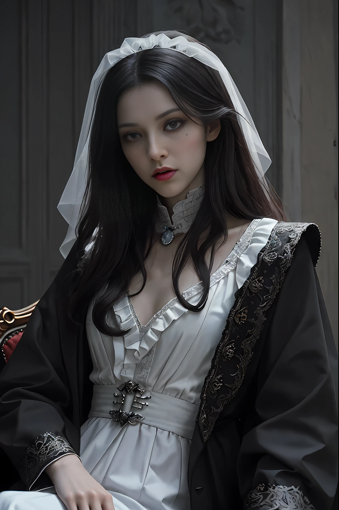 Dracula pays tribute to realistic, half-body professional photos, dark fantasy, highly detailed scary vampire woman Dracula, long black hair, wearing a white blood coat and a high-necked ruffle shirt, sitting on a bone chair with sharp corners, blood-covered marble floor, intricate details and sharpness, ((incredibly detailed face, incredibly detailed skin, incredibly detailed eyes)), ((detailed facial features)), (covered by a skull), (lying on his back in a skull pit), (Depth of field: 0.8), ((Sharp focus: 1.4)), Epic ambient light, very dark lighting, extremely detailed eyes and face, detailed background, 8K resolution, Film, (Bram Stoker)