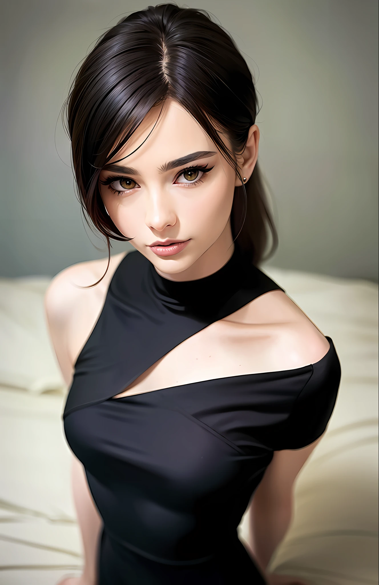 High angle photo of a beautiful woman (,small breasts, fair skin, outlined eyes, makeup, black hair, choker) in the style of stefan kostic, realistic skin texture, looks up, black dress, shoulders showing, body cut 1/2, 8 5 mm art lens, f 1. 2, sharp focus, 8K high definition, insanely detailed, intricate, elegant, art by Stanley Lau and Artgerm