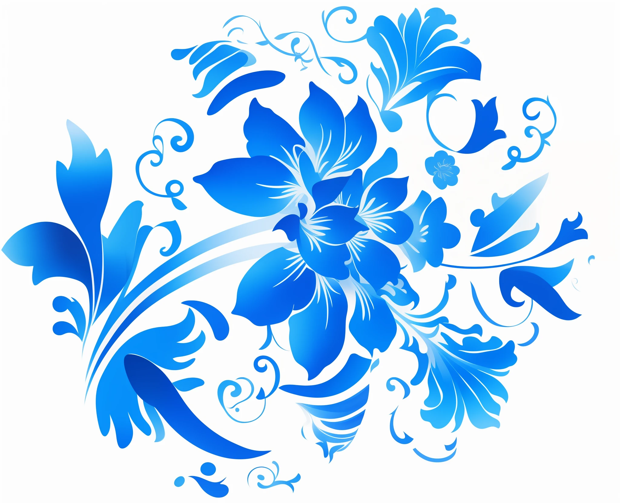 (Chinese style pattern, Liulian art style), flowers, blue, close-up, swirl, leaves, blue and white, printing style, petals, wallpaper design.