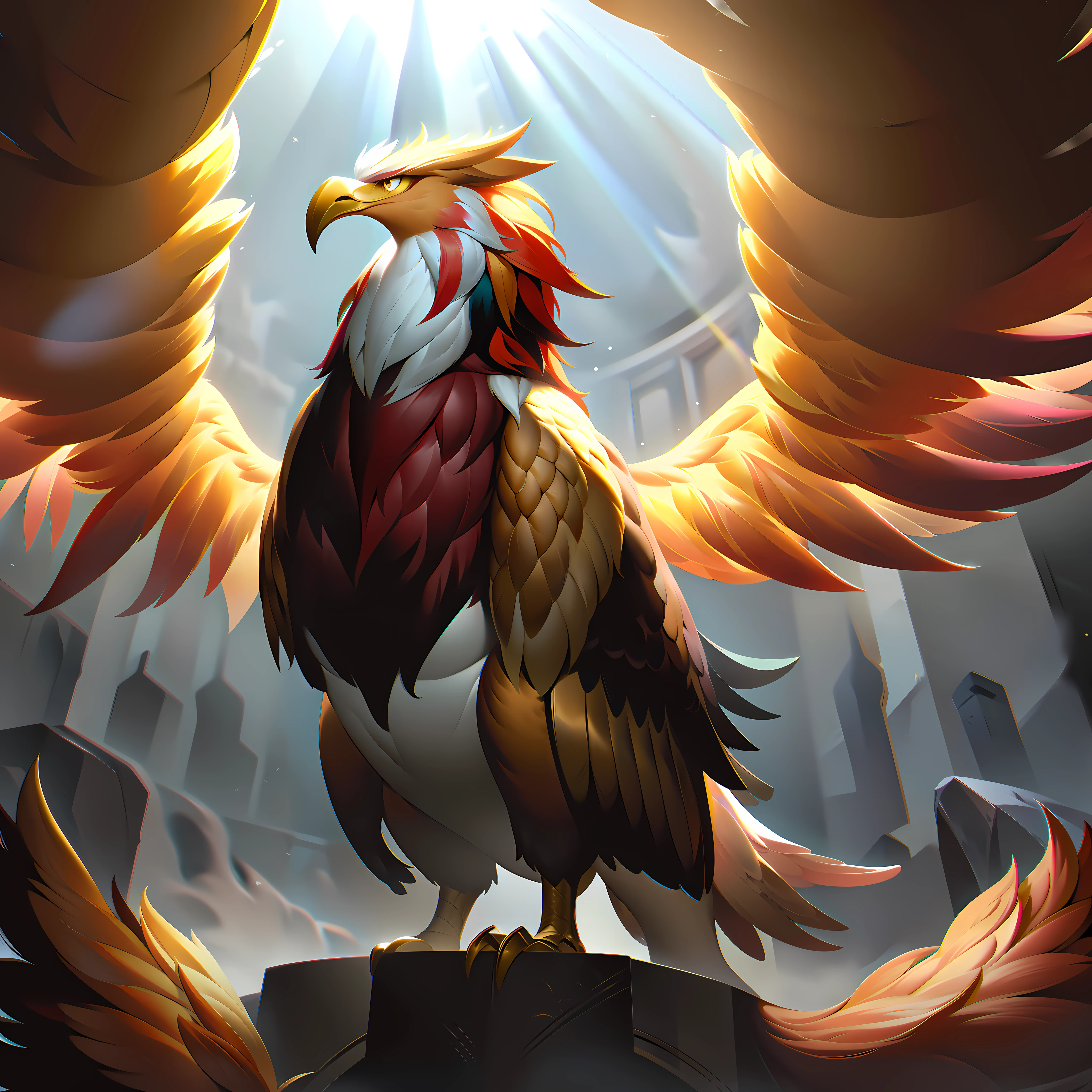 Gryfper is a majestic and imposing creature, a hybrid of eagle and lion with a dominant presence. Its body is robust and powerful, covered by feathers of a bright gold, which stand out with the reflection of the sun's rays. Its head has a sharp, curved beak, similar to that of an eagle, and its eyes are deep and piercing, shining with an ancestral intelligence.
Its wings are wide and powerful, allowing it to glide gracefully through the skies. They are lined with soft, shiny feathers, with shades of brown and gold. When extended, their wings are impressive, reaching a remarkable wingspan.
The back of Gryfper is similar to that of a lion, with a majestic mane around its neck, which also has golden feathers entwined in it. Its front legs are strong and muscular, ending in sharp claws, while the hind legs are similar to those of an eagle, with curved and powerful claws, splashart, body lines, vibrant colors, exquisite details, cinematic, artstation, detailed face, by rossdraws, by Kienan Lafferty