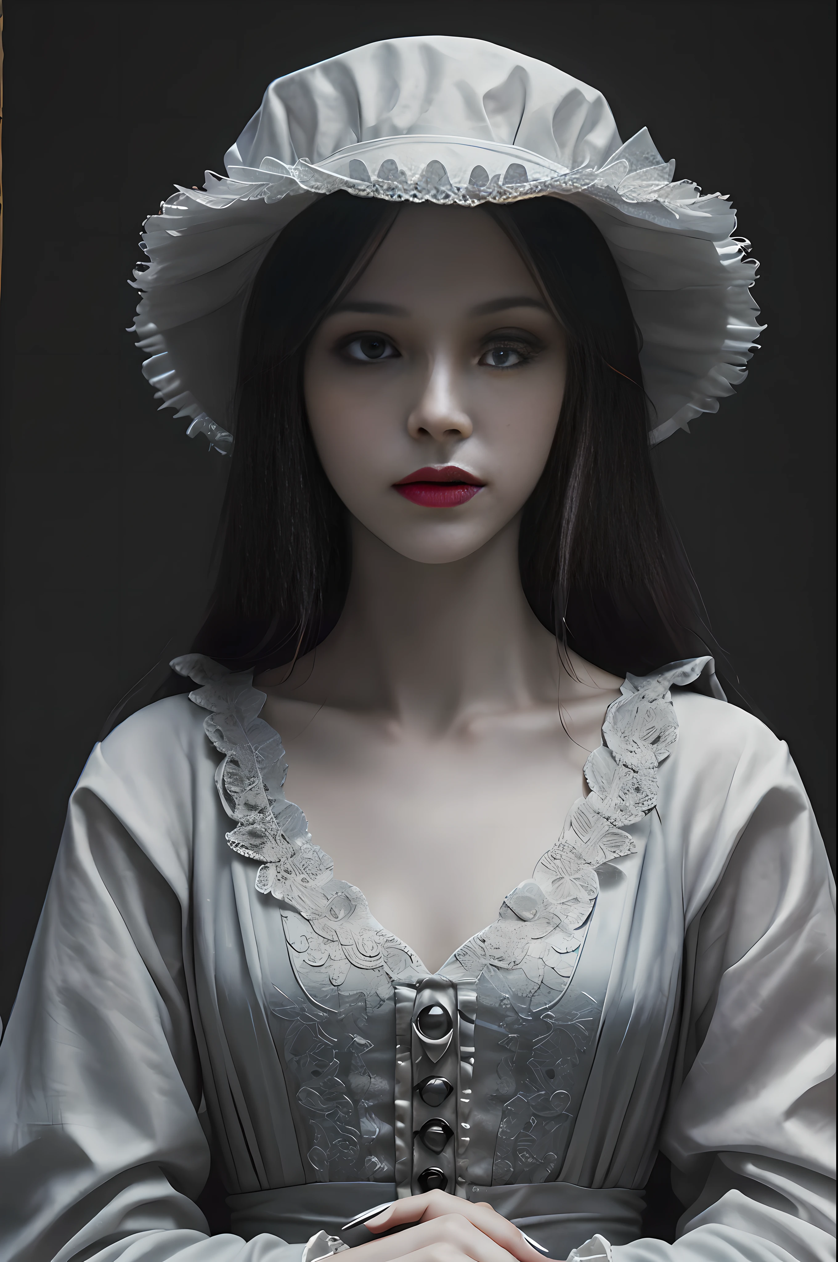 Dracula pays tribute to realistic, half-body professional photos, dark fantasy, highly detailed scary vampire woman Dracula, long black hair, wearing a white blood coat and a high-necked ruffle shirt, sitting on a bone chair with sharp corners, blood-covered marble floor, intricate details and sharpness, ((incredibly detailed face, incredibly detailed skin, incredibly detailed eyes)), ((detailed facial features)), (covered by a skull), (lying on his back in a skull pit), (Depth of field: 0.8), ((Sharp focus: 1.4)), Epic ambient light, very dark lighting, extremely detailed eyes and face, detailed background, 8K resolution, Film, (Bram Stoker)