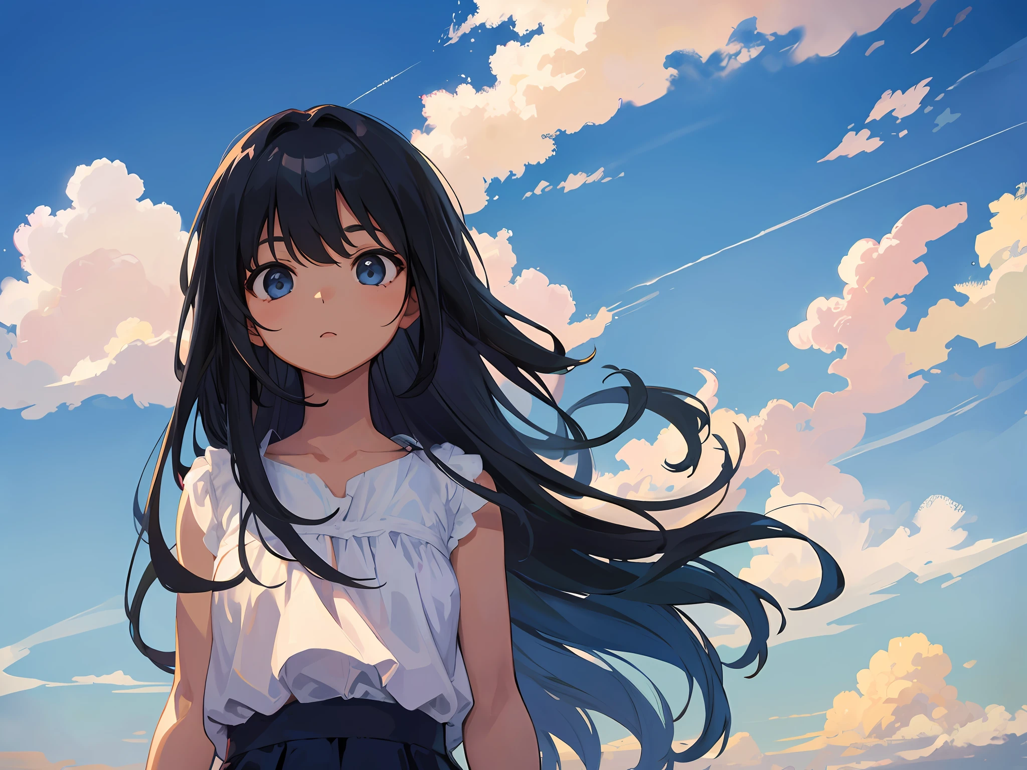 Girl in bottom corner of the image and look up to the sky, beautiful sky,