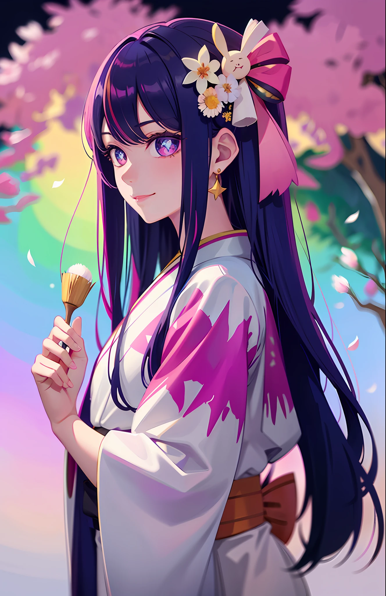 Sukezoma, Octane Render, HDR, (Hyper Detail: 1.15), (Soft Light, Sharp: 1.2), 1 Girl, Beautiful Girl, (Ultra Detailed Star-shaped Pupiled Eyes), Mischievous Smile, Mature, Plump, Thick, Rainbow Picture Drops, Paint Teardrops, Women Made of Paint, Full Paint, Sprat, Splash, Long Color Hair, Paint Kimono, ultra fine texture kimono, rainbow paint kimono, paint bulb, paint drop, (hair ornament, earrings, flower hair ornament, butterfly hair ornament), outdoor, cherry tree