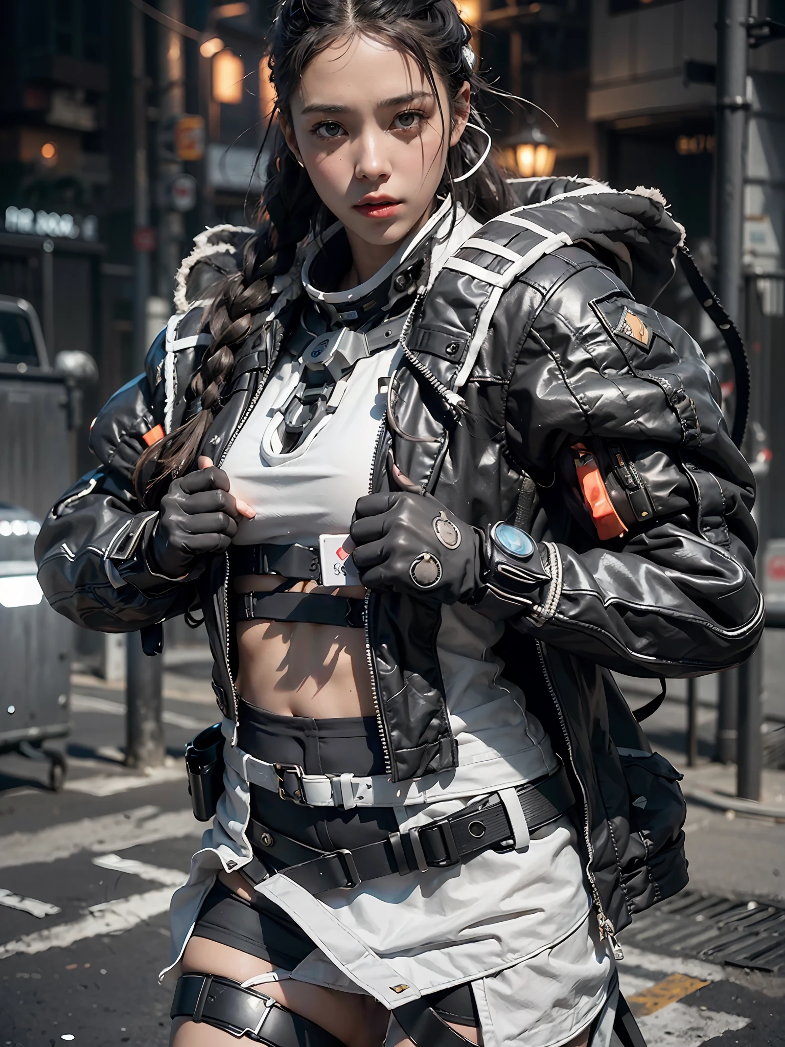 ((Best quality)), ((masterpiece)), (detailed:1.4), 3D, an image of a beautiful cyberpunk black female with braids on head,HDR (High Dynamic Range),Ray Tracing,NVIDIA RTX,Super-Resolution,Unreal 5,Subsurface scattering,PBR Texturing,Post-processing,Anisotropic Filtering,Depth-of-field,Maximum clarity and sharpness,Multi-layered textures,Albedo and Specular maps,Surface shading,Accurate simulation of light-material interaction,Perfect proportions,Octane Render,Two-tone lighting,Wide aperture,Low ISO,White balance,Rule of thirds,8K RAW, anime - style woman in a white and black outfit with a gun, cyborg merchant girl,