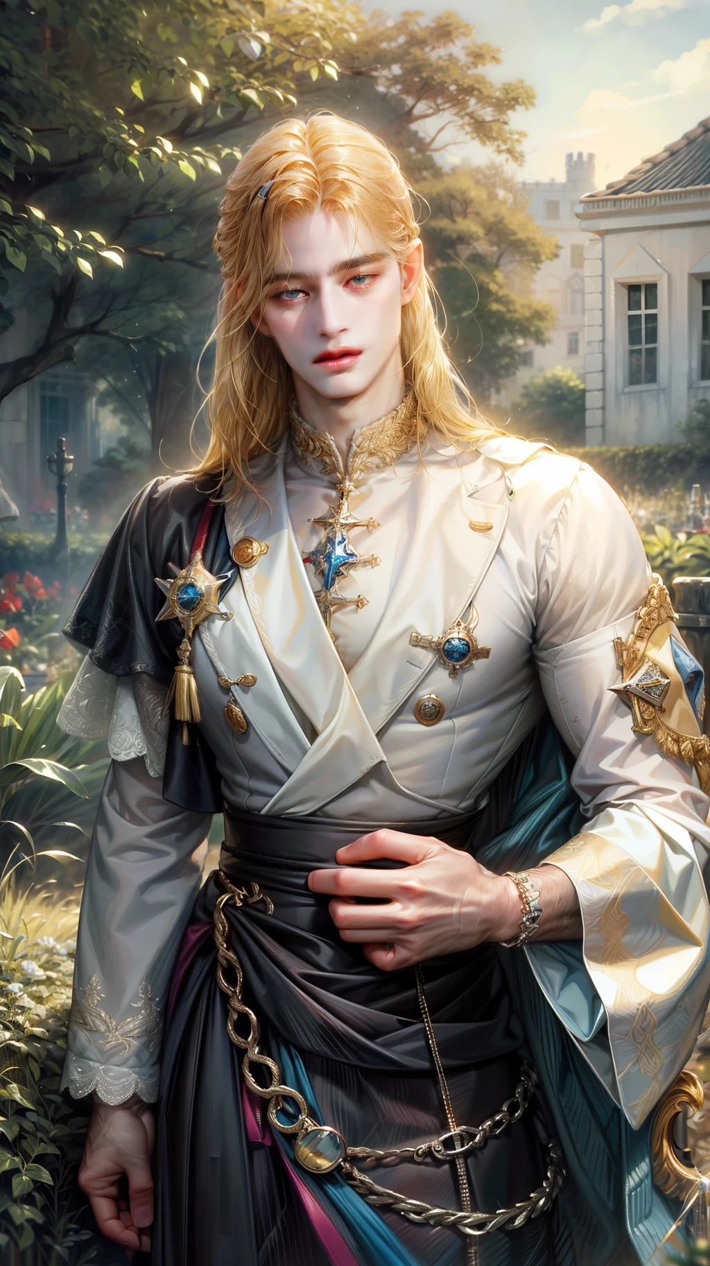 highres, ultra detailed), 1male, pale, solo, mature, (blonde mullet hair), duke, scar at eye, pretty, really beautiful, long sleeve, elegant, holy, colorful, highest detailed, portrait, close up, at garden, crown, masterpiece, royal, dark eyes, MAN, MALE, MAN, MASCULINE