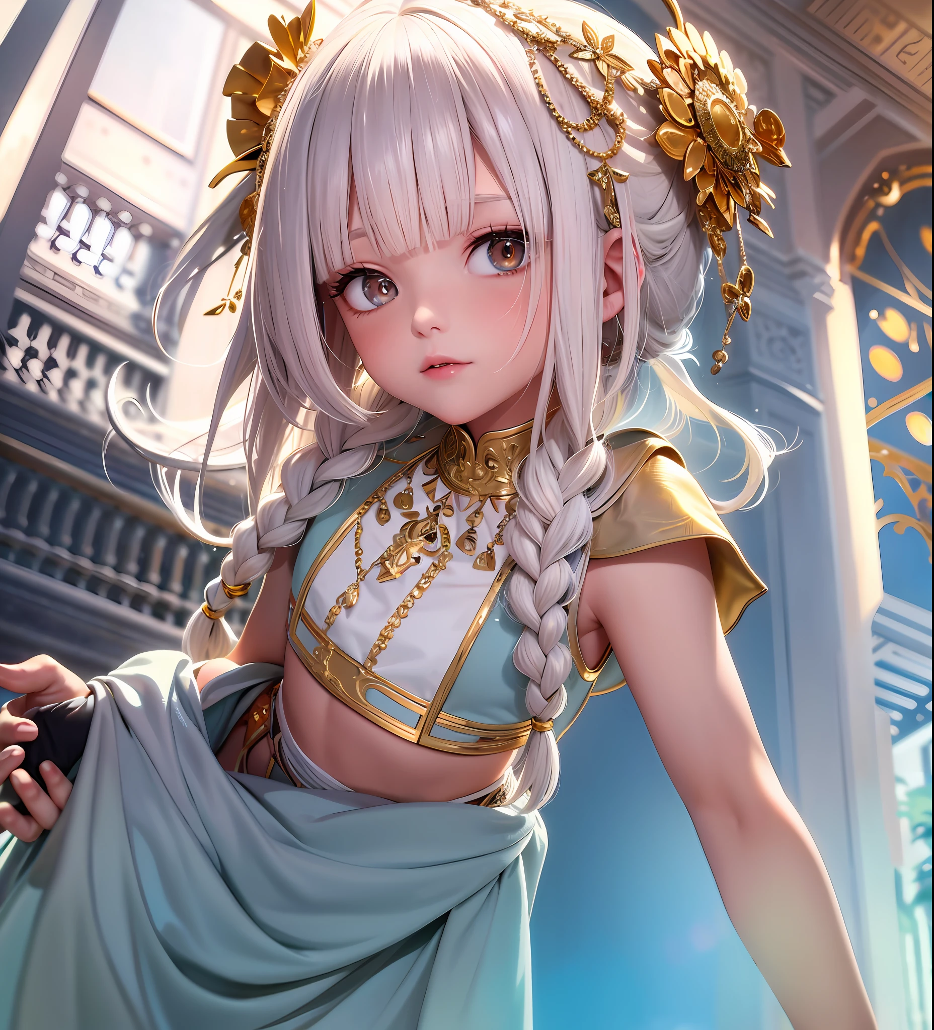 best quality, masterpiece,white hair, gold eyes,white clothes, looking up, upper body,hair strand,Fair skin,side braids
