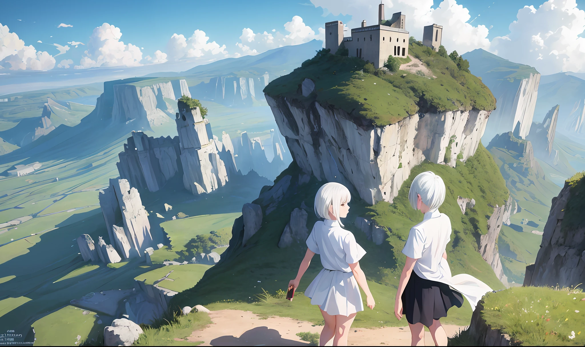 Anime, works, top quality, ultra_detailed,1girl, upper body, white hair, white shirt, short sleeves, medium-chested, silver hair, shirt, landscape, back facing, viewing landscape, spacious and beautiful landscape,