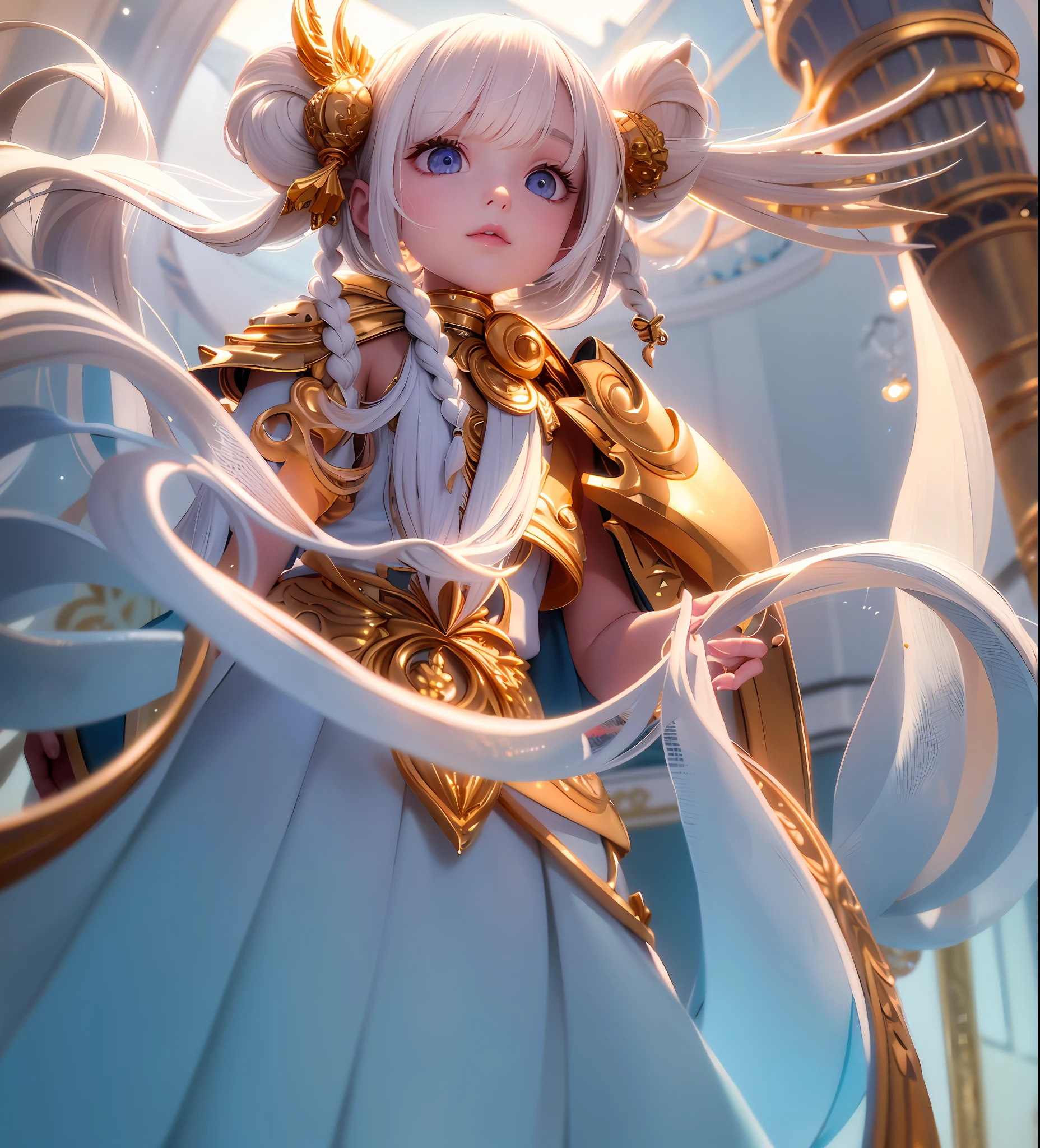 best quality, masterpiece,white hair, gold eyes,white clothes, looking up, upper body,hair strand,Fair skin,side braids