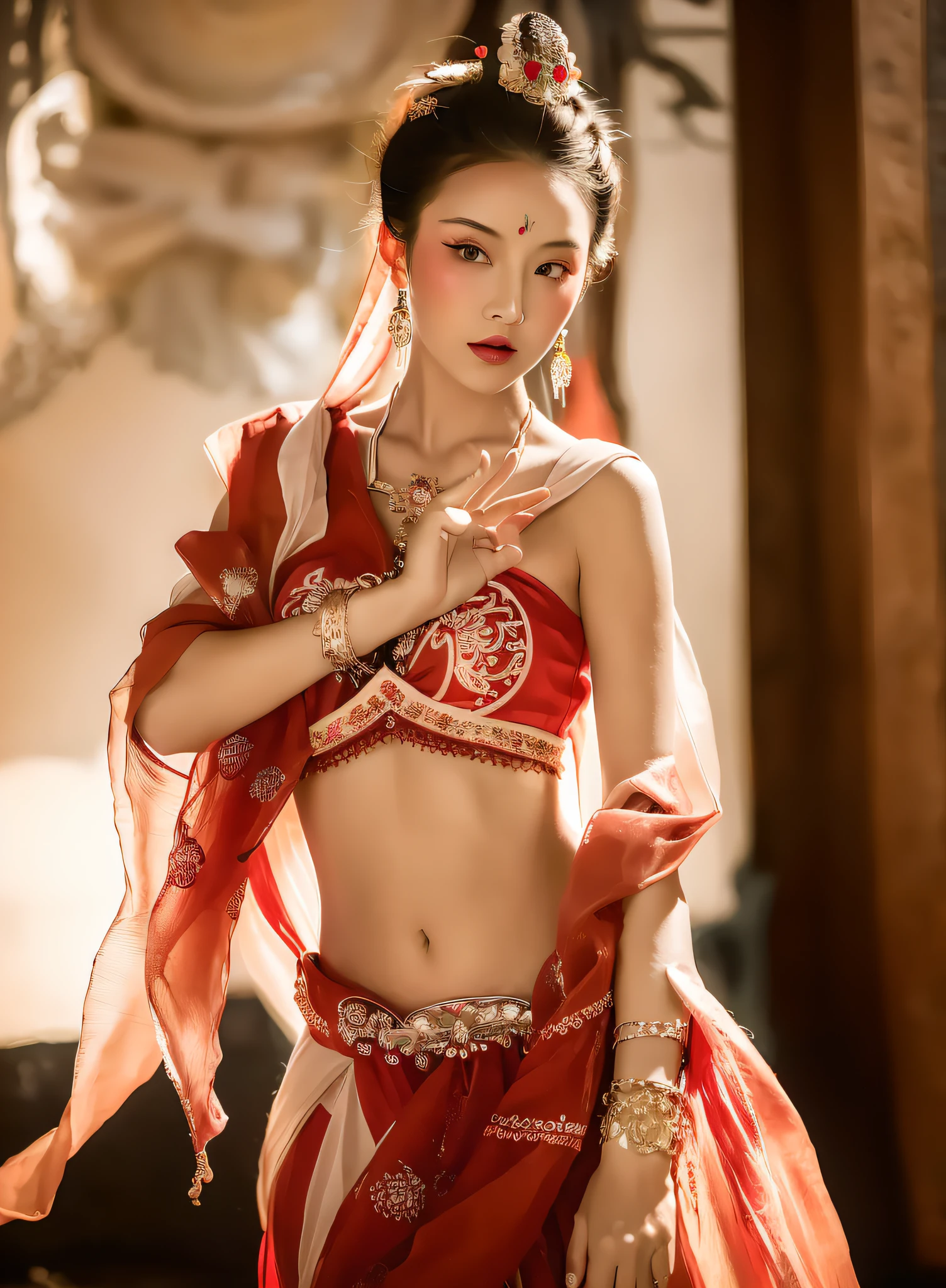 masterpiece,(best quality:1.3),ultra high res,raw photo,detailed skin,beautiful lighting,(realistic,photo-realistic:1.4),1girl,dunhuang,