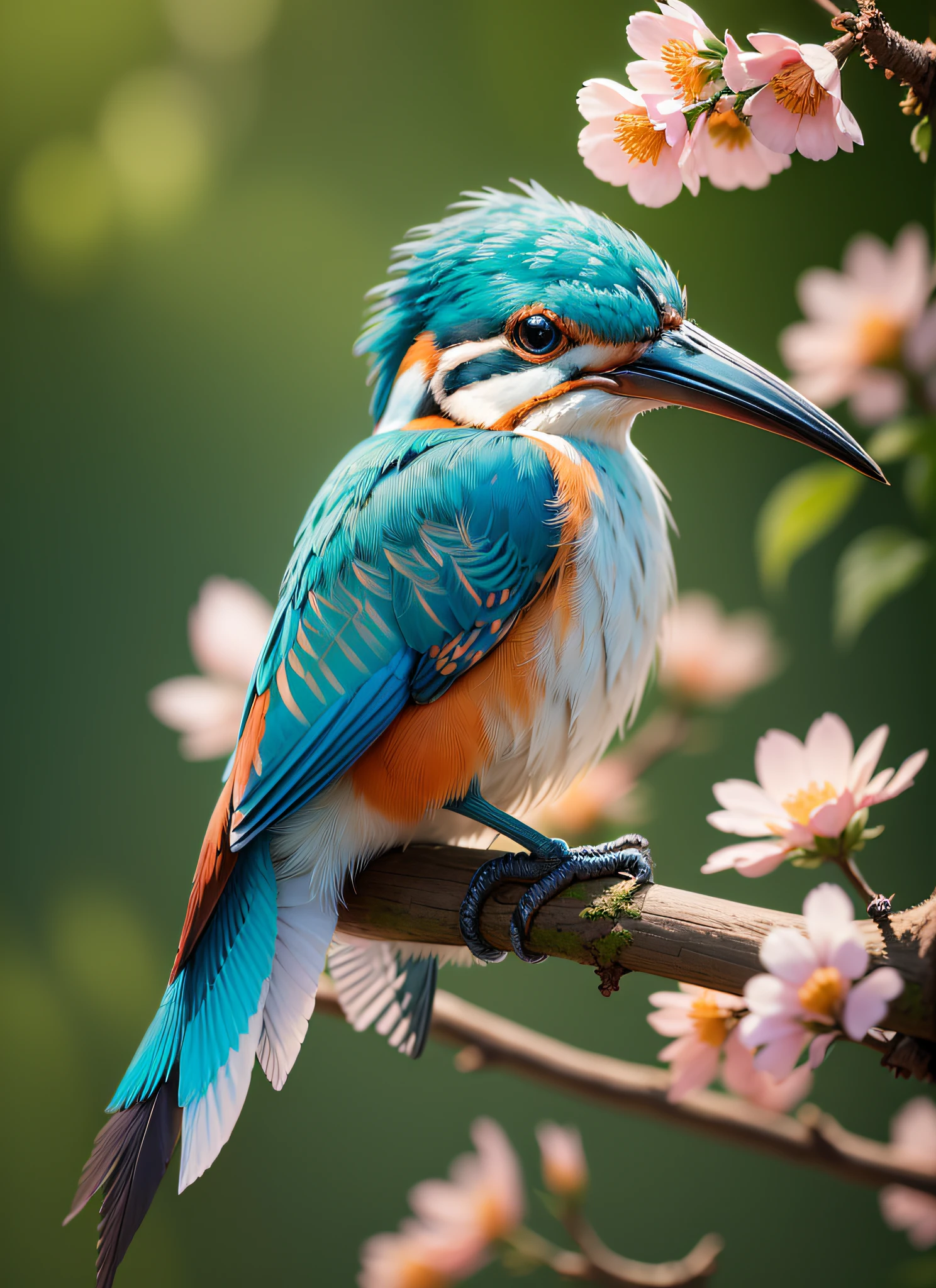 There is a kingfisher sitting on a branch with flowers, highly realistic photo, trending at 5 0 0 pixels, trending at 500 pixels, beautiful nature, beautiful photo by Matija Jama, nature photo, kingfisher f cgsociety, by Liang Kai, colorful kingfisher with a very long, very beautiful photo, by Juergen von Huendeberg --auto --s2