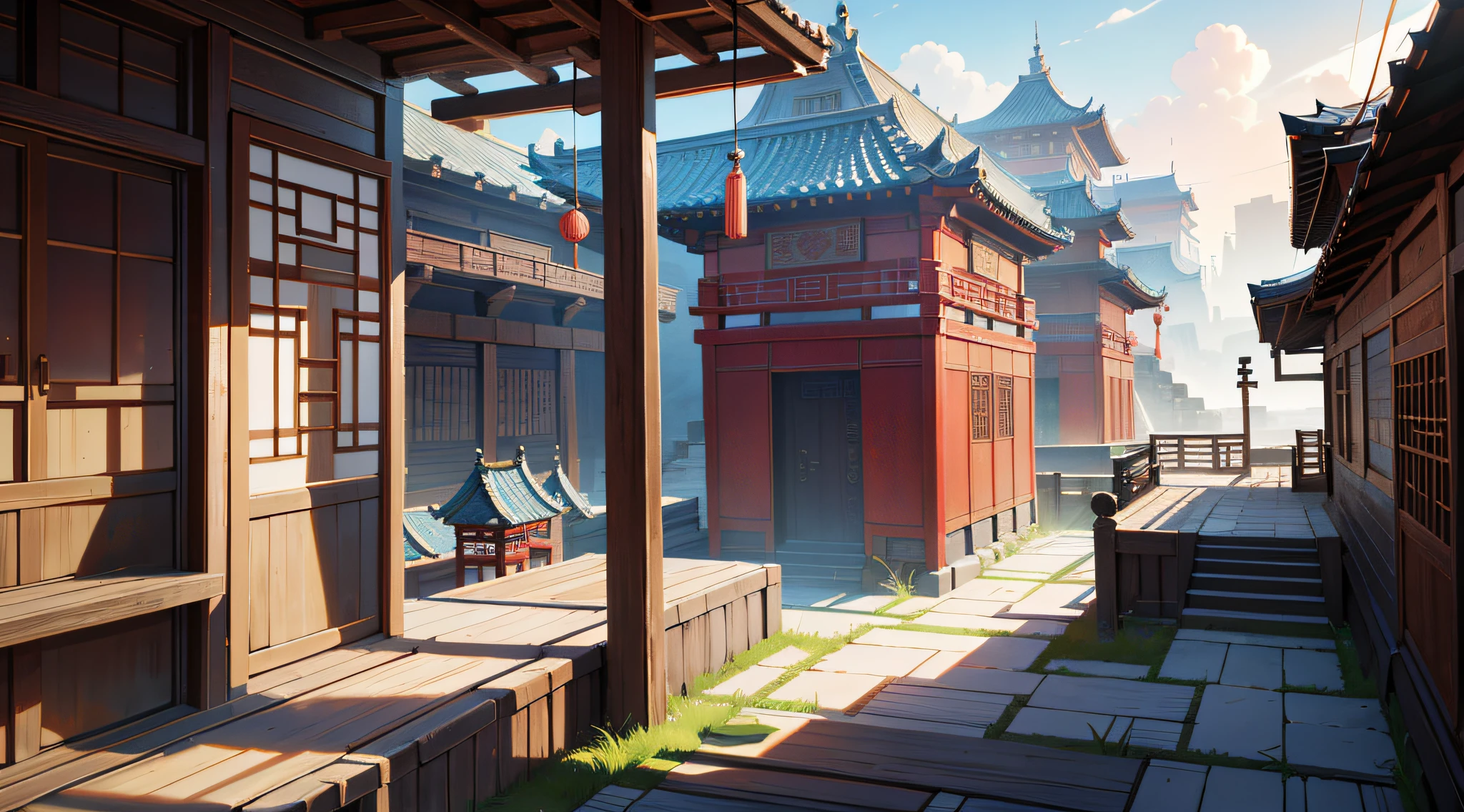Chinese loft landscape, ink painting, color dull, cool tone, martial arts movie story style, highly detailed, dynamic, epic, realistic lighting and shadows, inspired by Jin Yong, vibrant, 8k, Octane rendering, Unreal Engine, very detailed , Concept Art, Realistic, Cry Engine, Masterpiece, Recent Quality --v 6