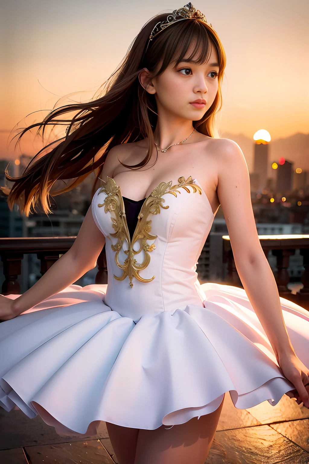 (best quality, 8k, 32k, masterpiece, uhd:1.2), (RAW photo), (realistic:1.15), (photorealistic:1.15), (absurdres, high resolution), (ultra detailed), (huge filesize:1.2), 1girl, (loli:0.8), cute, extremely detailed beautiful face & eyes, cleavage, small face, thin waist, thin thighs, slender body, (cowboy shot:1.15), (sweaty:1.22), bare legs, emerald tutu, (princess tiara:0.8), Primaballerina_tutu, sunset, rooftop,