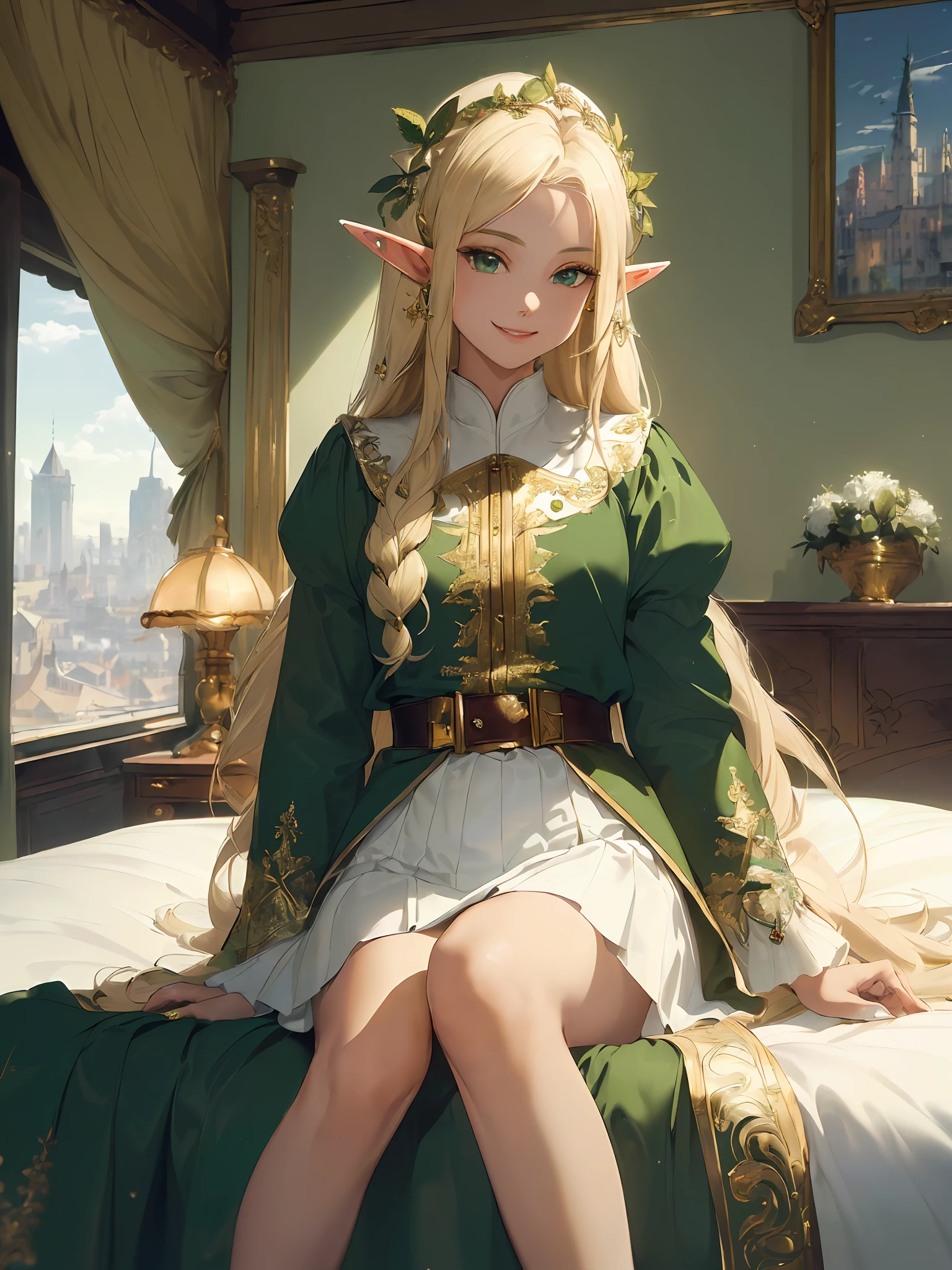 (((Masterpiece, highest quality, high definition, high detail))), one, (((Elf woman))), (white short skirt with gold embroidery), (blonde long straight hair), (glossy dark green eyes), (green surcoat embroidered with gold), big, (cityscape of the fortified city)), (((sitting on the bed in the inn)), tilting the head, smiling, (cheek cane)), breeze, Particles of light flying