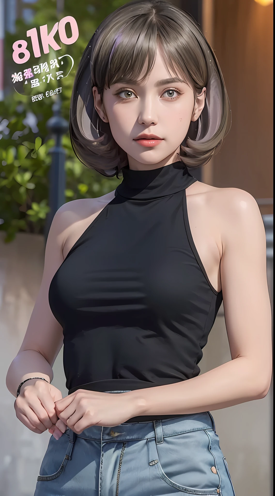 ((Best Quality, 8k, Masterpiece: 1.3)), Full Body, Focus Clear: 1.2, Outstanding Style: 1.4, Slender Abs: 1.2, ((Black Hair, Big: 1.2)), Black Tank Top, Highly Detailed Face and Skin Texture, Detailed Eyes, Double Eyelids