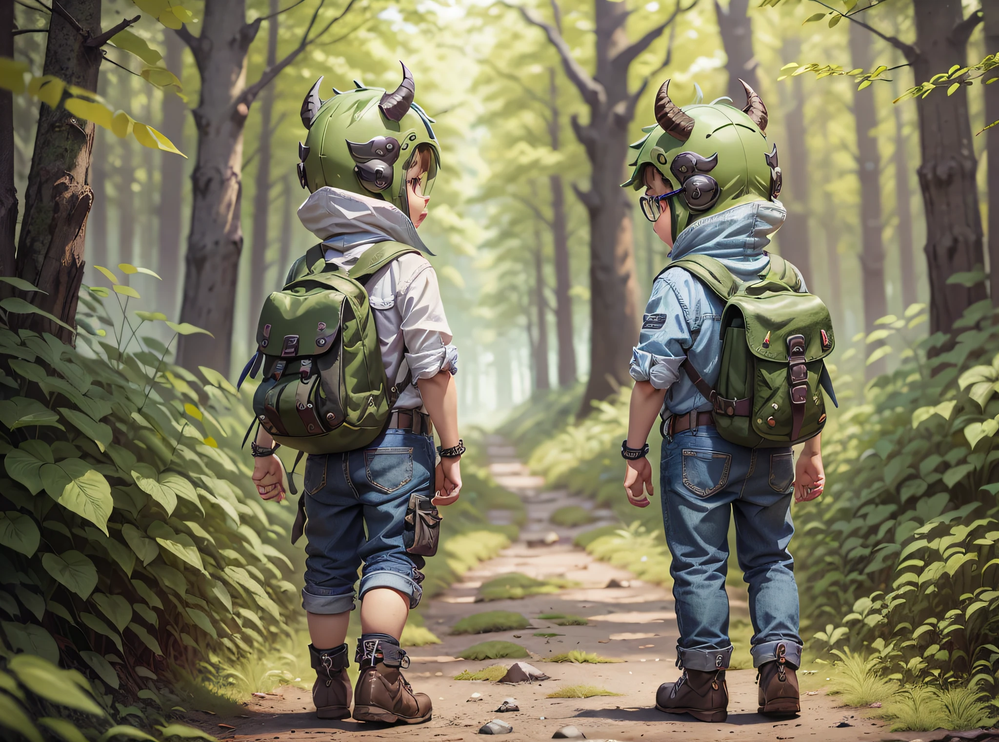 Tips: Character Flip Sheet, Three View, Full Body Shot, Game Character Design, Cute Little Boy in Bull Demon King Helmet, Five Years Old, Grass Green Cartoon Backpack, Blue Denim Suspenders, Big Round Black-Framed Glasses, Black Hiking Boots, Forest Depth of Field Blur,-- AR 16:12 - Style Expressiveness