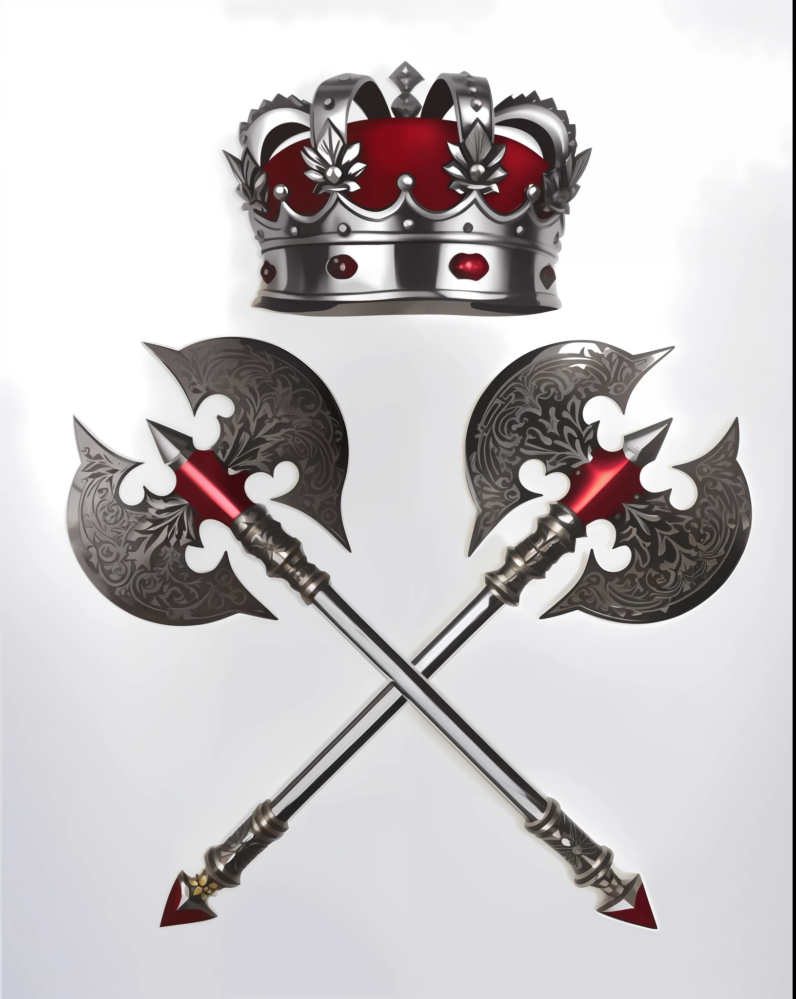 Metallic crown with red lining on top of two intersecting halberds