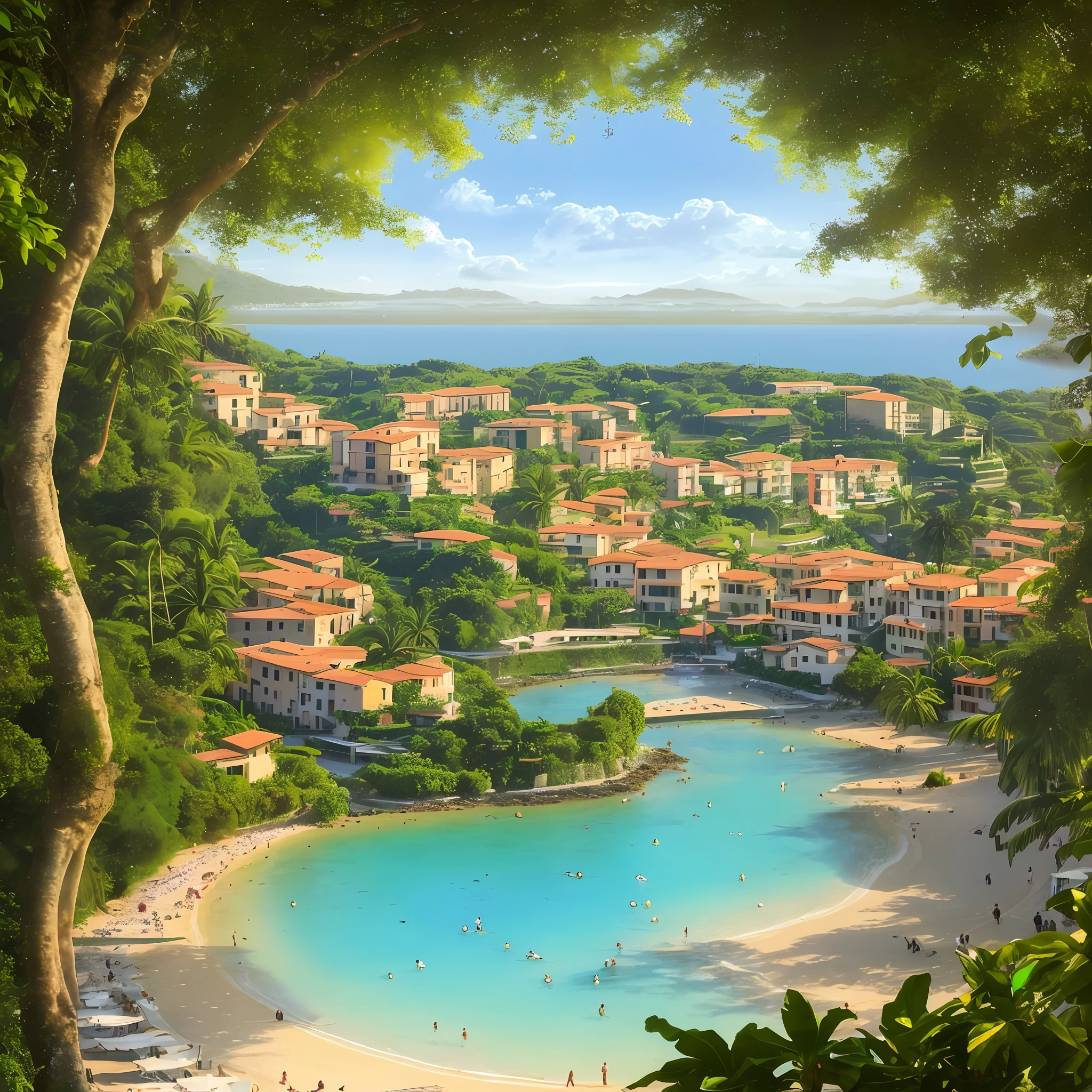 Portrait of an italian village with restaurants in a tropical forest in the morning with a tropical beach far on the horizon, lake, focus, realistic, perfect, white beach, european castle, slight fog, warm lights, path, clouds