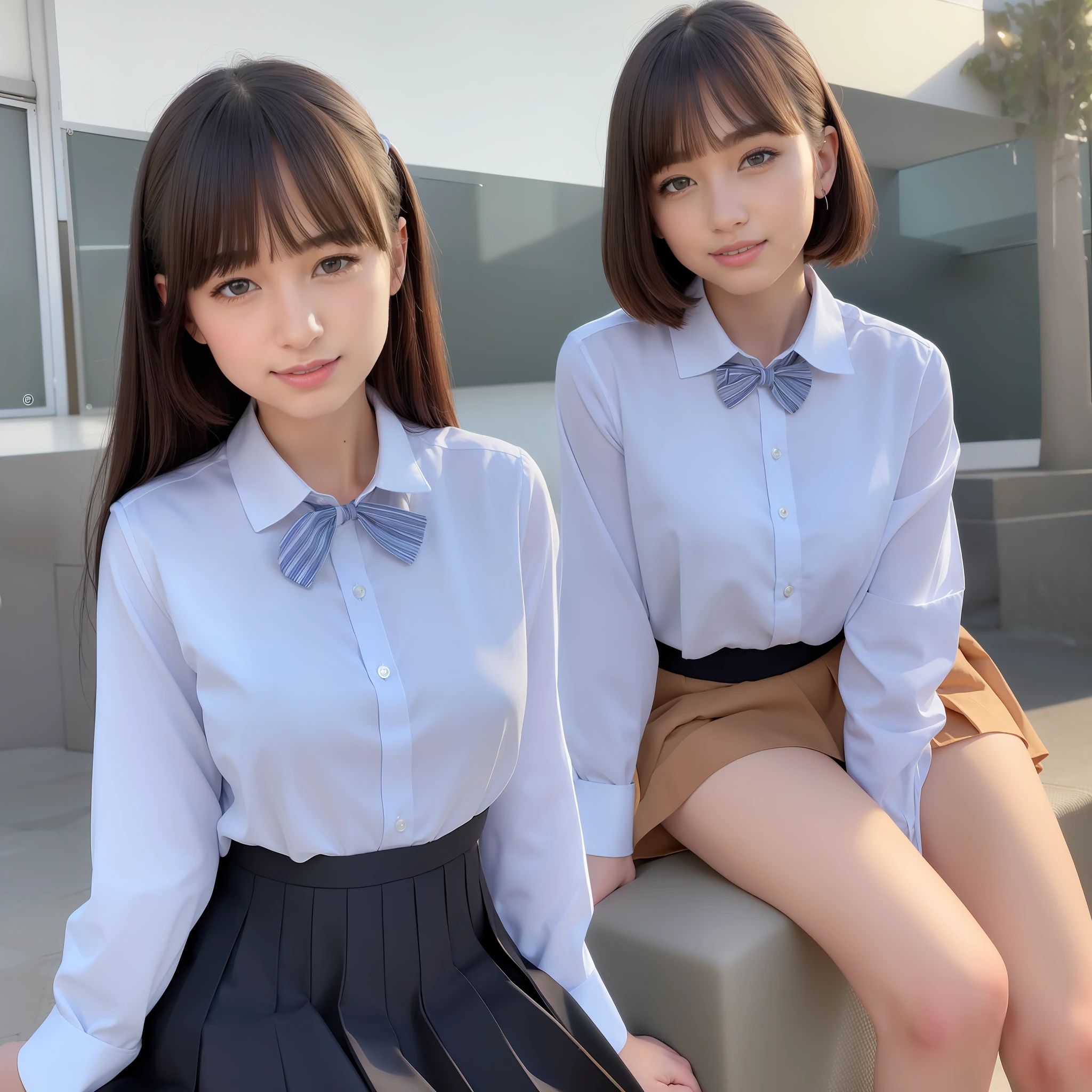(8k, RAW photo, best quality, masterpiece: 1.2), (realistic, photo-realistic: 1.37), ultra-detailed, 1 girl, beautiful, solo, beautiful detailed sky, detailed coffee, night, sitting, dating, (flushed nose), (smile: 1.1), (closed mouth), medium breasts, beautiful detailed eyes, (collared shirt: 1.1), bow tie, pleated skirt, floating hair