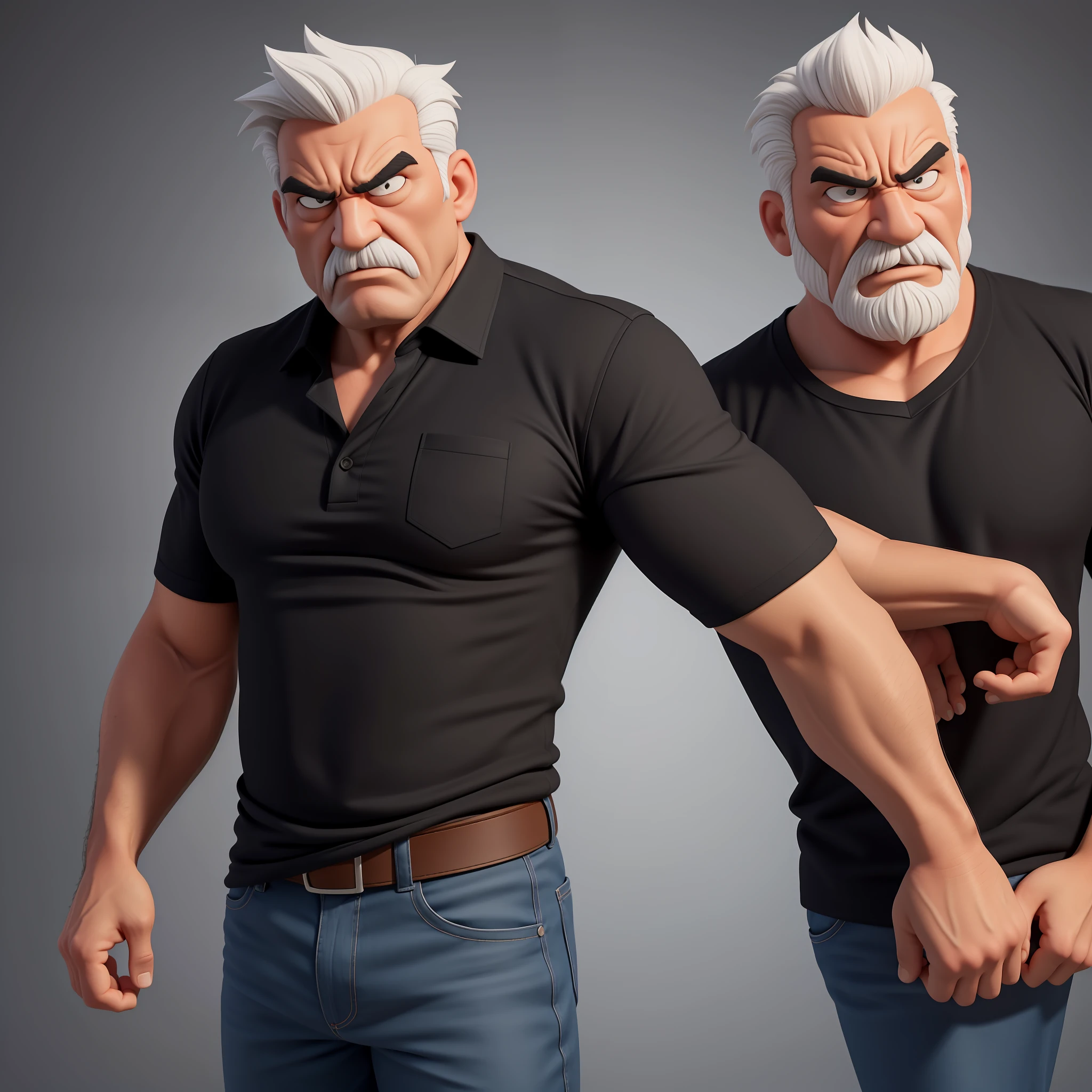 Create an 8K cartoon of an angry, full-body, well-muscled old man in a black and white shirt. Make sure the resulting image has a cartoonish look, with vibrant colors and smooth edges. Add details to give the old man an angry look, such as furrowed brows and a tight mouth. Make sure that the black shirt striped with white is an important element of the image, and add details to make it attractive and interesting. Add textures and details to make the image more realistic, such as the appearance of the shirt texture and the appearance of the skin. Make sure the resulting image is high resolution, 8K quality." —c 10 —ar 2