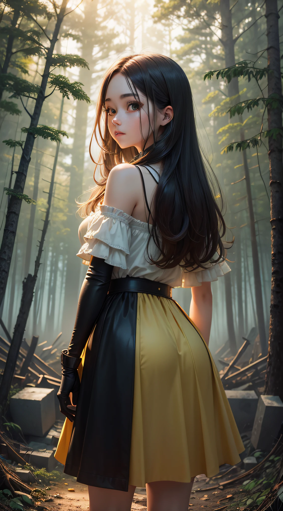 Girl, the light is yellow at dusk, amidst the ruins of the forest, the end of time --auto --s2
