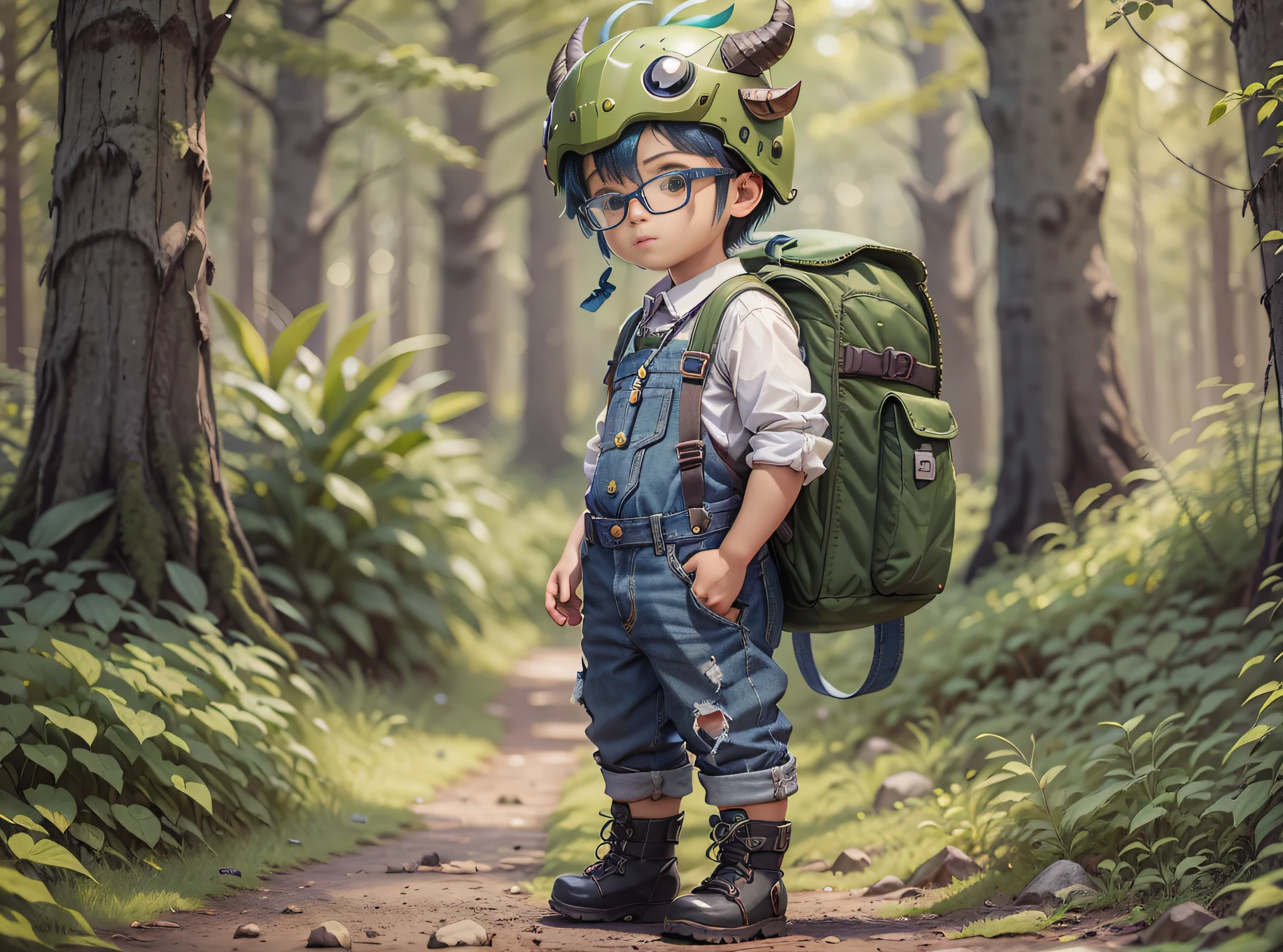 Tips: Character Flip Sheet, Three View, Full Body Shot, Game Character Design, Cute Little Boy in Bull Demon King Helmet, Five Years Old, Grass Green Cartoon Backpack, Blue Denim Suspenders, Big Round Black-Framed Glasses, Black Hiking Boots, Forest Depth of Field Blur,-- AR 16:12 - Style Expressiveness