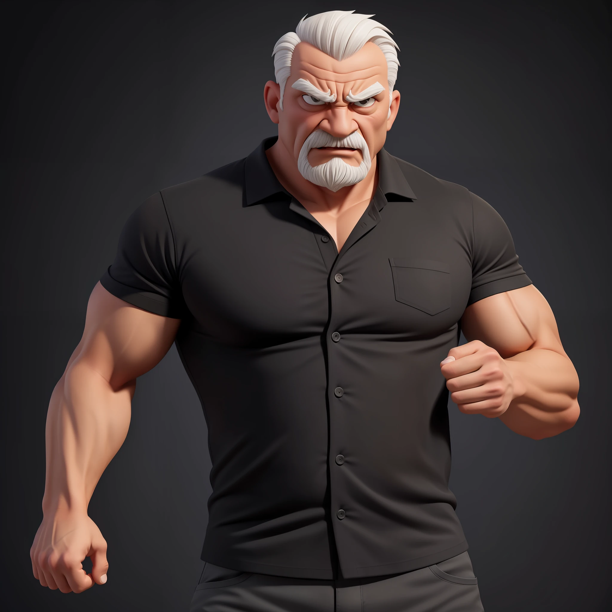 Create an 8K cartoon of an angry, full-body, well-muscled old man in a black and white shirt. Make sure the resulting image has a cartoonish look, with vibrant colors and smooth edges. Add details to give the old man an angry look, such as furrowed brows and a tight mouth. Make sure that the black shirt striped with white is an important element of the image, and add details to make it attractive and interesting. Add textures and details to make the image more realistic, such as the appearance of the shirt texture and the appearance of the skin. Make sure the resulting image is high resolution, 8K quality." —c 10 —ar 2