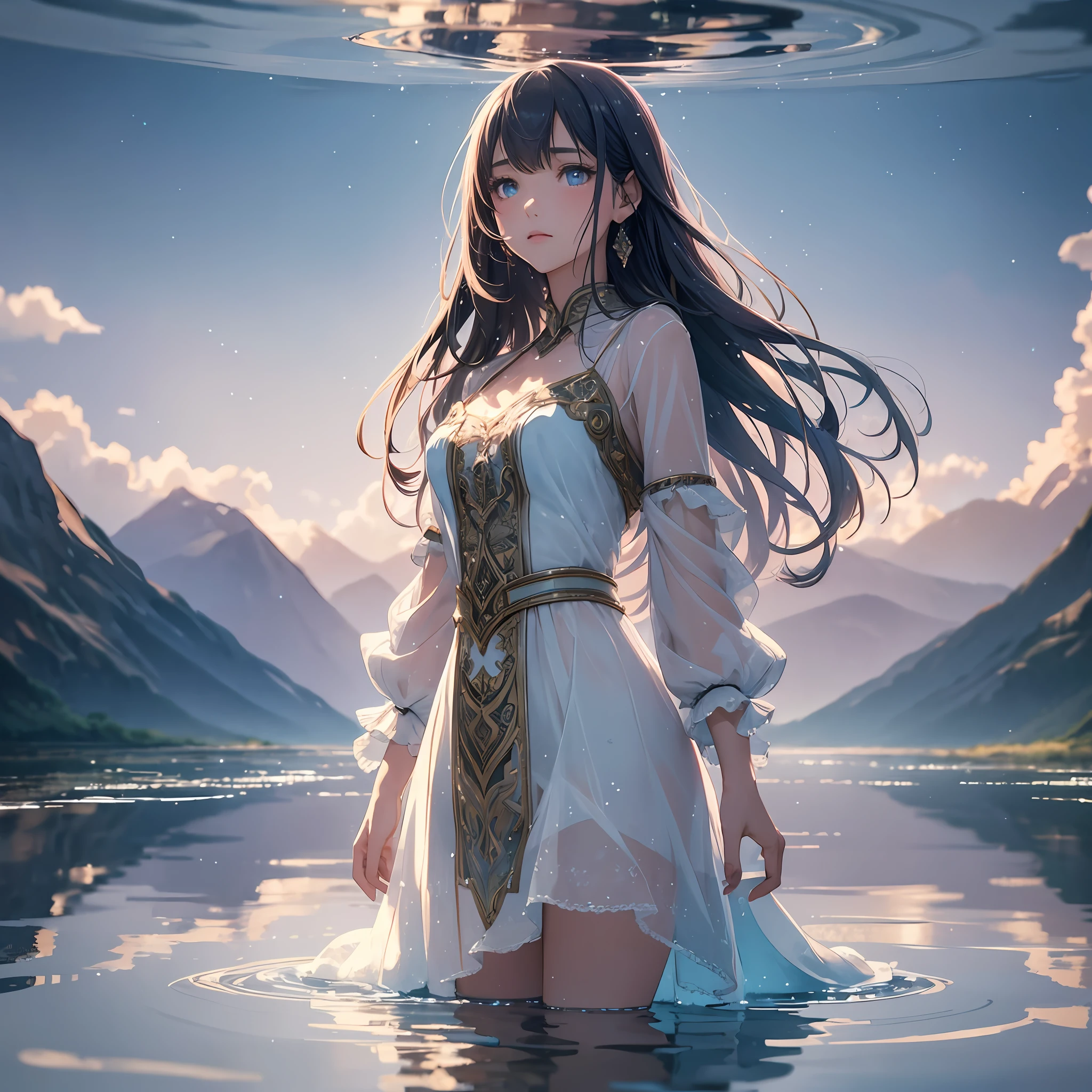 Amazingly beautiful girl, standing on water, reflection of water, detailed face, detailed eyes, in a dream, watercolor, blush, strange, dream background, hand drawn illustration, highly detailed, cinematic lighting, perfect composition. 4K, depth of field,