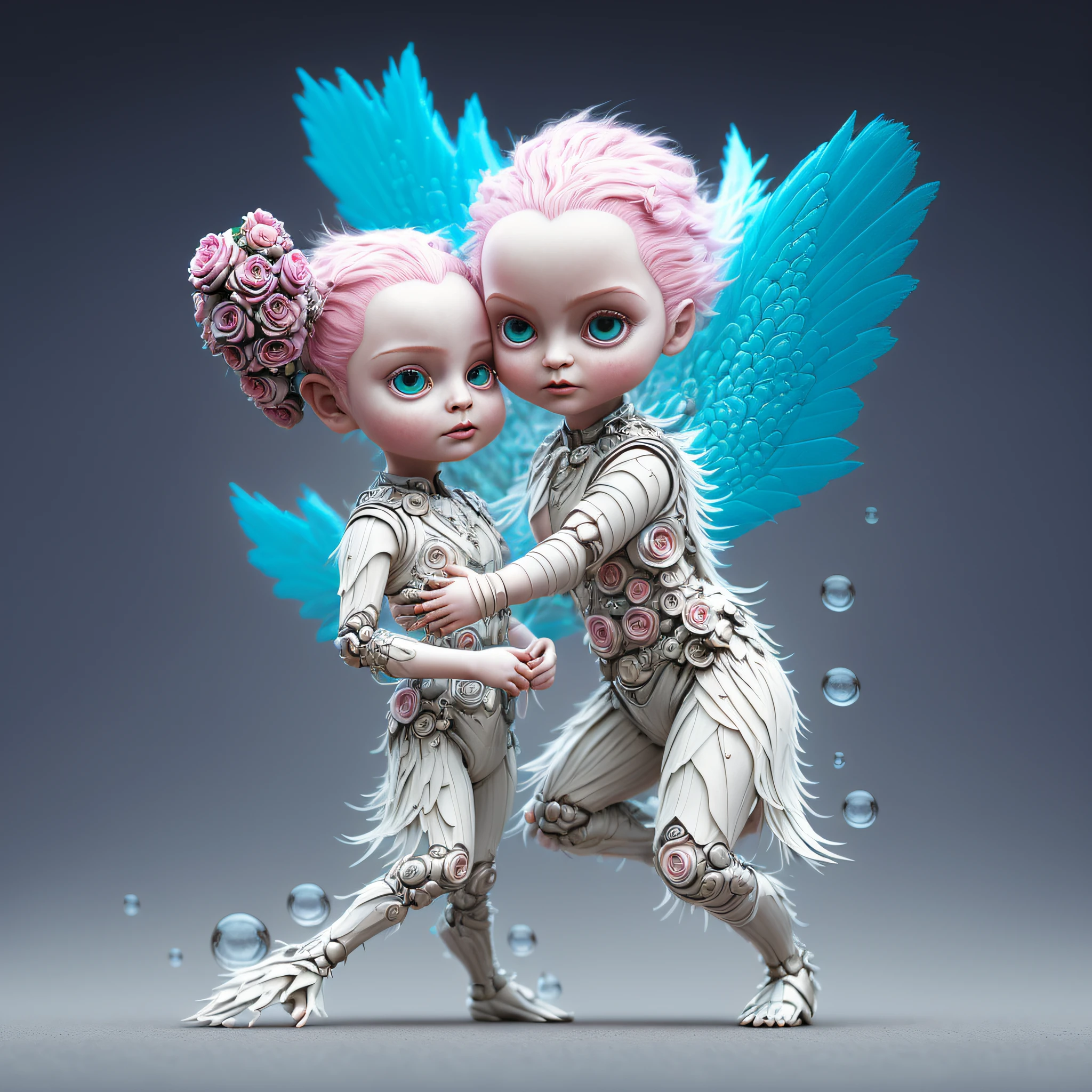 Digital art by Ray Caesar and Hannah Hch and Yohji Yamamoto, of a beautiful young woman in an action pose, pink hair, smile, centered in frame, wide shot, perky breasts, mask, pop surrealism, neo-dada, spectacular, spectacle, psychedelic, forced perspective, feminist art, empowering, masterpiece, private collection, curated collection, ((rose ivy)), behance, 3d render, cracked clay, gothic, bright colors, oversaturated, depth, spirals, fibonacci sequences, ((shells)), wings, muppet show, butterflies, flowers, gears, tunnels, surreal environment, fractals geometry, game assets, city scene, modern makeup, long eyelashes, ((rain drops)), chiffon dress, bracelets, punk rock, ((subversive art)), dirty, grime, dingey, mid cut jeans, specular highlights, reflections, ambient occlusion render, detailed, Marching squares, ((iso lines)), armature, detailed, elaborate, complex, desert, mountains, carriages, tiny robots, peanuts, cans, cars, stormy sky, moonlight, cats, dogs, muppets, (cloudport:0.7)