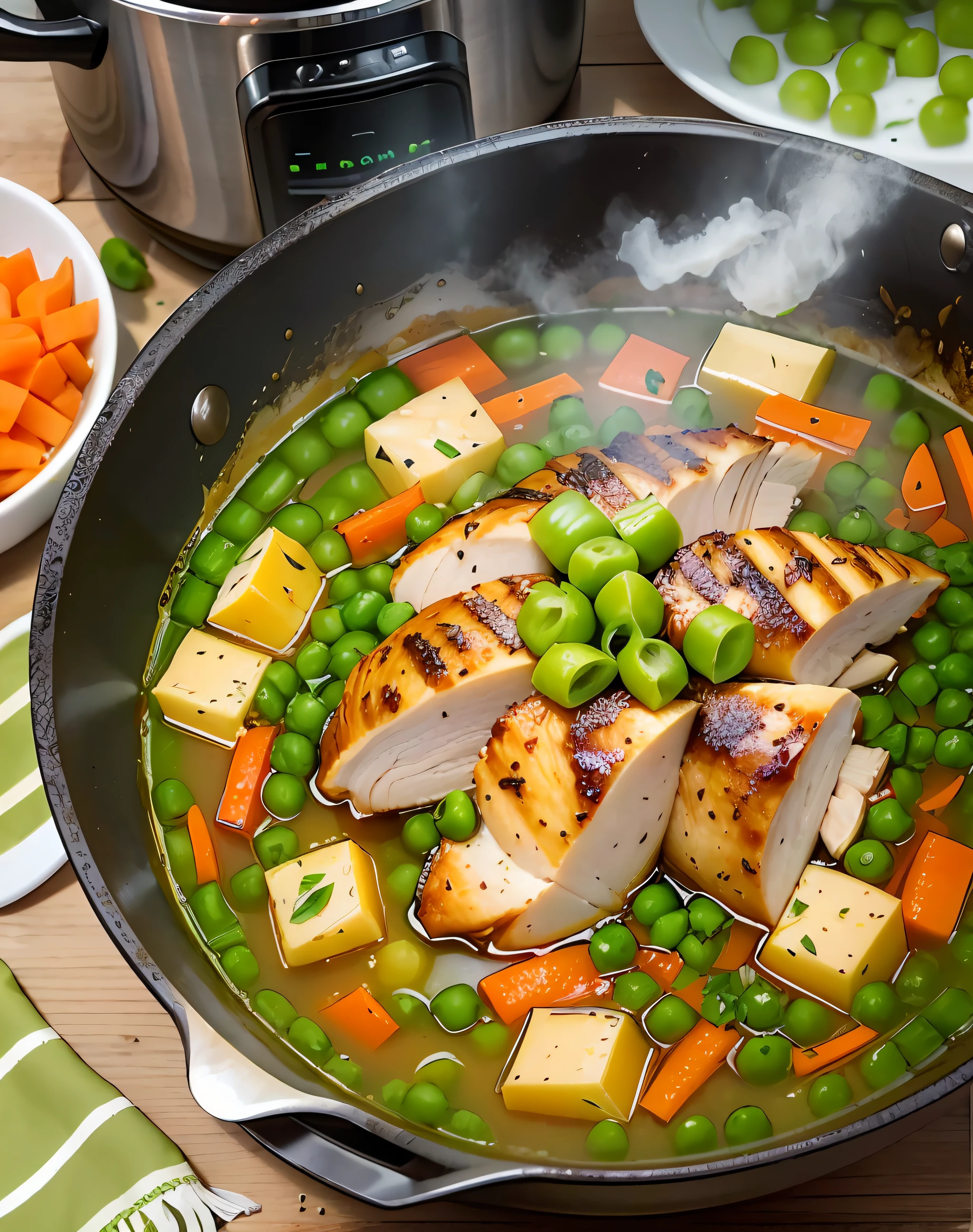 A delicious and nutritious dish for lunch or dinner will be pea soup with smoked chicken. This recipe is easy to follow and can be made quickly at home.

The ingredients needed for this dish include 200 grams of smoked chicken,
1 cup green peas,
1 onion,
1 carrot,
2 potatoes,
2 cloves of garlic,
2 liters of water, salt, pepper and fresh herbs.

To get started, dip the onions and carrots and sauté them in vegetable oil in a sauté pan until golden brown. Add the smoked chicken to the pot and pour in the water. Bring the mixture to a boil.

Then cut the potatoes into cubes and add them along with the green peas to the pot. Cook the vegetables over medium heat for 15-20 minutes until fully cooked.

Add chopped garlic, salt and pepper to the soup to taste. Stir the mixture and let it sit for 5 minutes.

Finally, serve the pea soup with smoked chicken, garnished with fresh herbs.

Enjoy your delicious food!: 85mm lens,f8, photography, ultra details --auto --s2