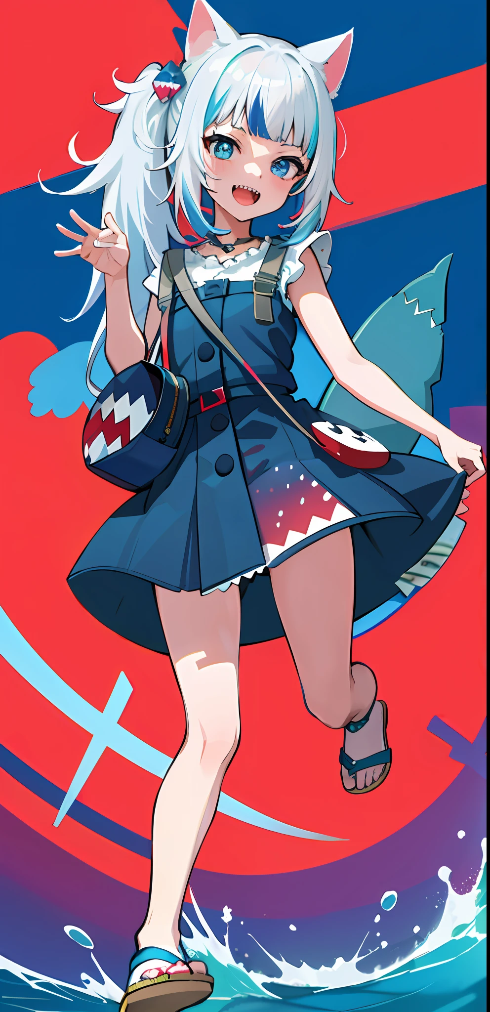 masterpiece, high quality, houshouBikini, highres, absurdres, ultra-detailed, detailed eyes, 8k, ti-emb_kobo-kanaeru, 1girl, colorful eyes, fangs, open mouth, bangs, colorful background, looking at viewer, vibrant, contrast, gradient hair, happy, graffiti wall background, water splash, close up, small breast, 2d, masterpiece, best quality, anime, highly detailed, full body, 1girl, solo, gura_neko, blue dress, cat ears, side ponytail, cube hair ornament, sandals, :d, sharp teeth, shark tail, shoulder bag, shore town