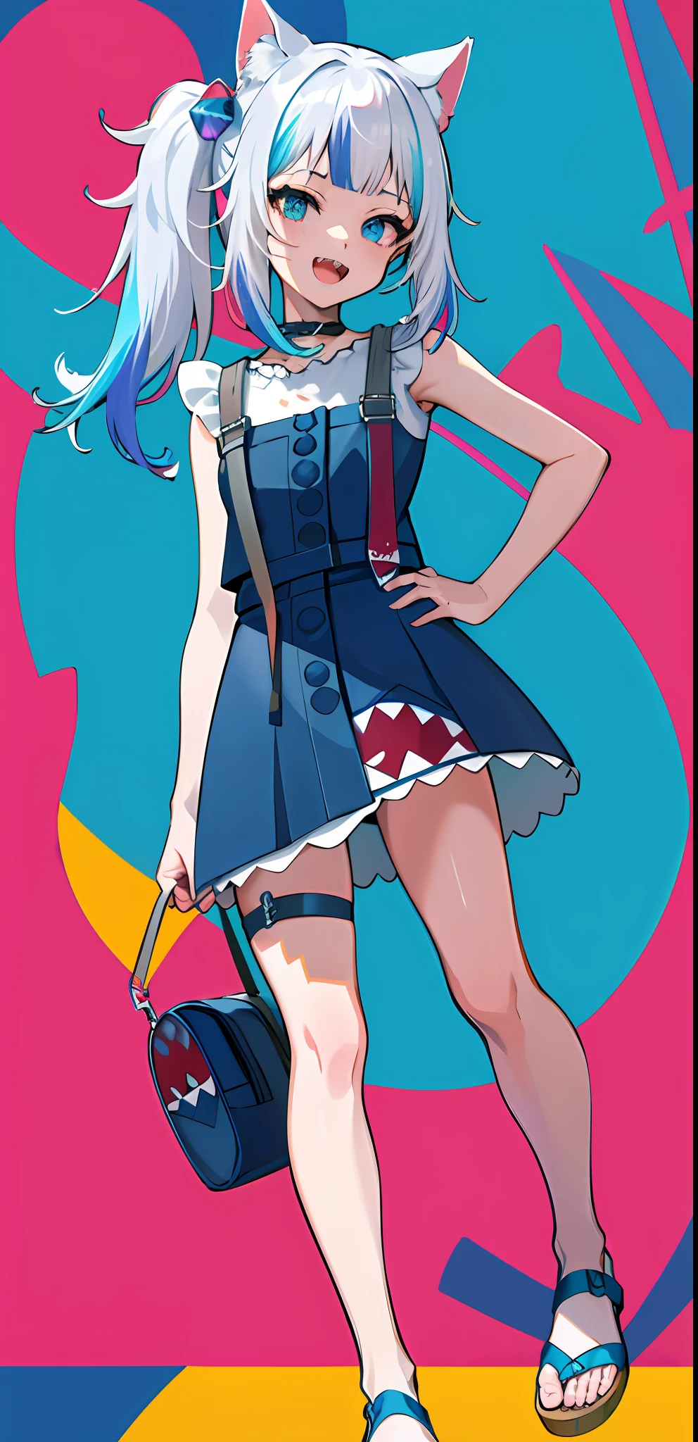 masterpiece, high quality, houshouBikini, highres, absurdres, ultra-detailed, detailed eyes, 8k, ti-emb_kobo-kanaeru, 1girl, colorful eyes, fangs, open mouth, bangs, colorful background, looking at viewer, vibrant, contrast, gradient hair, happy, graffiti wall background, water splash, close up, small breast, 2d, masterpiece, best quality, anime, highly detailed, full body, 1girl, solo, gura_neko, blue dress, cat ears, side ponytail, cube hair ornament, sandals, :d, sharp teeth, shark tail, shoulder bag, shore town