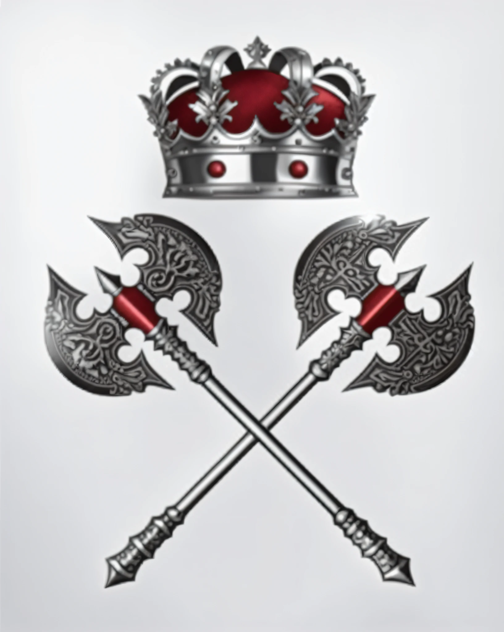 Metallic crown with red lining on top of two intersecting halberds