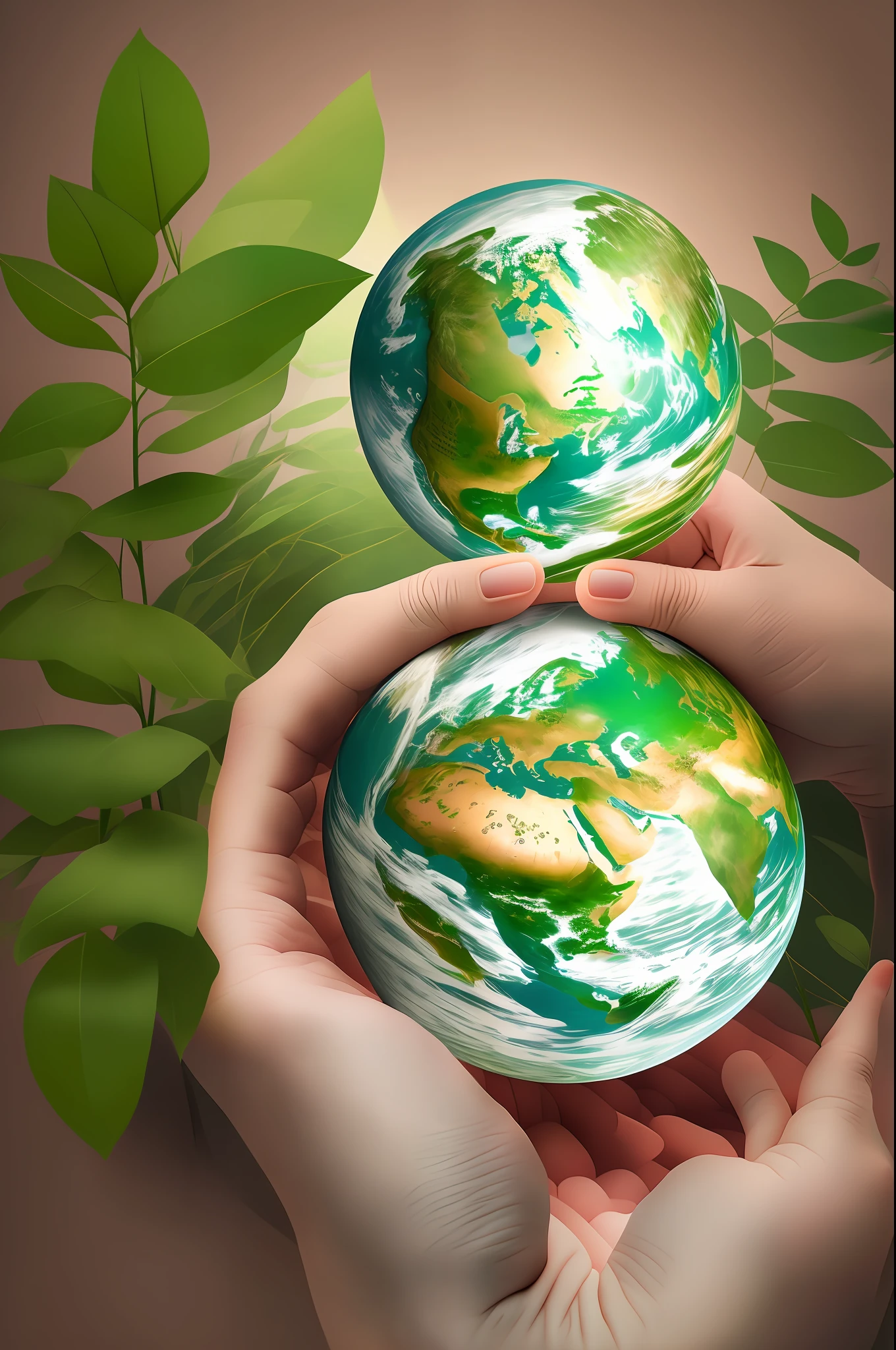 holding a green globe with a plant growing out of it, holding a planet, holding the earth, gently caressing the earth, with the earth, holding the miniature earth in her hands, mother earth, holding a miniature earth, creation of the world, our planet, collage art background, mixed media style illustration, environmental art, earth and pastel colors,  3D grainy aesthetic illustration