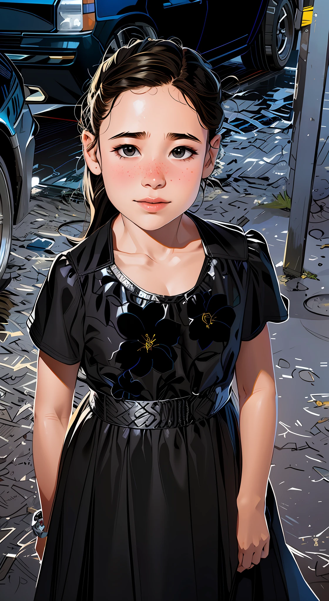 a 10 year old girl,brunette,black hair,black eyes