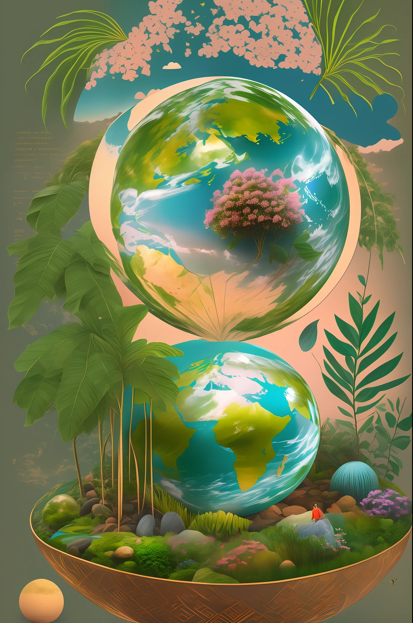 holding a green globe with a plant growing out of it, holding a planet, holding the earth, gently caressing the earth, with the earth, holding the miniature earth in her hands, mother earth, holding a miniature earth, creation of the world, our planet, collage art background, mixed media style illustration, environmental art, earth and pastel colors, 3D grainy aesthetic illustration