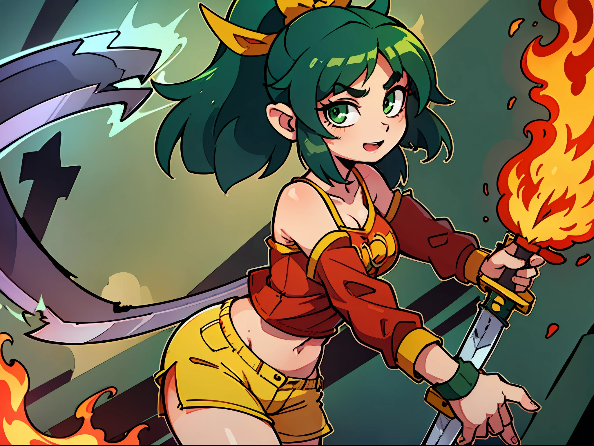 masterpiece, high quality, (anime), best quality, ((1girl)), very detailed eyes and face, loose red shirt, dynamic light, (fire background: 1.3), (((green eyes))), ((red shirt)))), ((yellow logo)), denim shorts, aquamarina shorts, yellow ribbon, (((long short))), (gray tights), ((flat chest)), ( years), small figure, small thighs, (fire logo), (large size shirt), ((ponytail hair)), ((dynamic background)), ((dark greenish hair)), ((desden)), (((looking at the viewer)), ((fiery sword)),