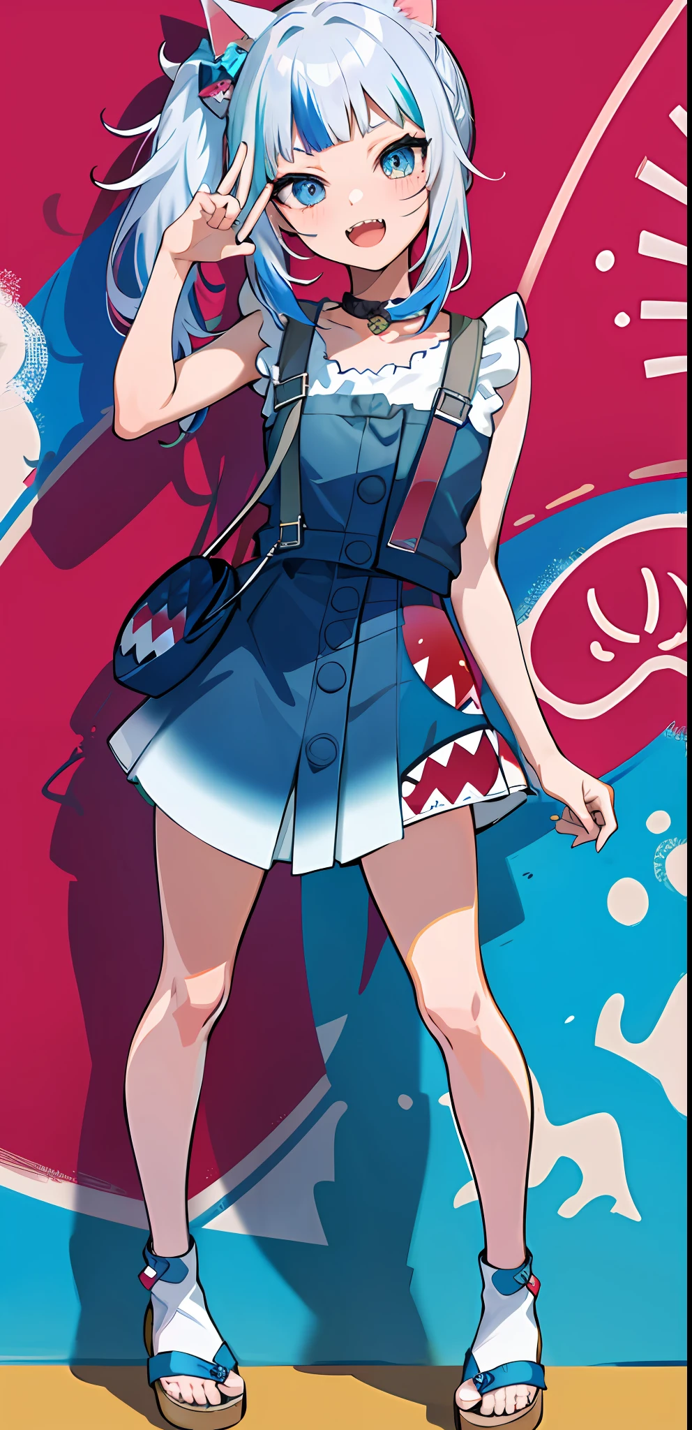 masterpiece, high quality, houshouBikini, highres, absurdres, ultra-detailed, detailed eyes, 8k, ti-emb_kobo-kanaeru, 1girl, colorful eyes, fangs, open mouth, bangs, colorful background, looking at viewer, vibrant, contrast, gradient hair, happy, graffiti wall background, water splash, close up, small breast, 2d, masterpiece, best quality, anime, highly detailed, full body, 1girl, solo, gura_neko, blue dress, cat ears, side ponytail, cube hair ornament, sandals, :d, sharp teeth, shark tail, shoulder bag,  shore town