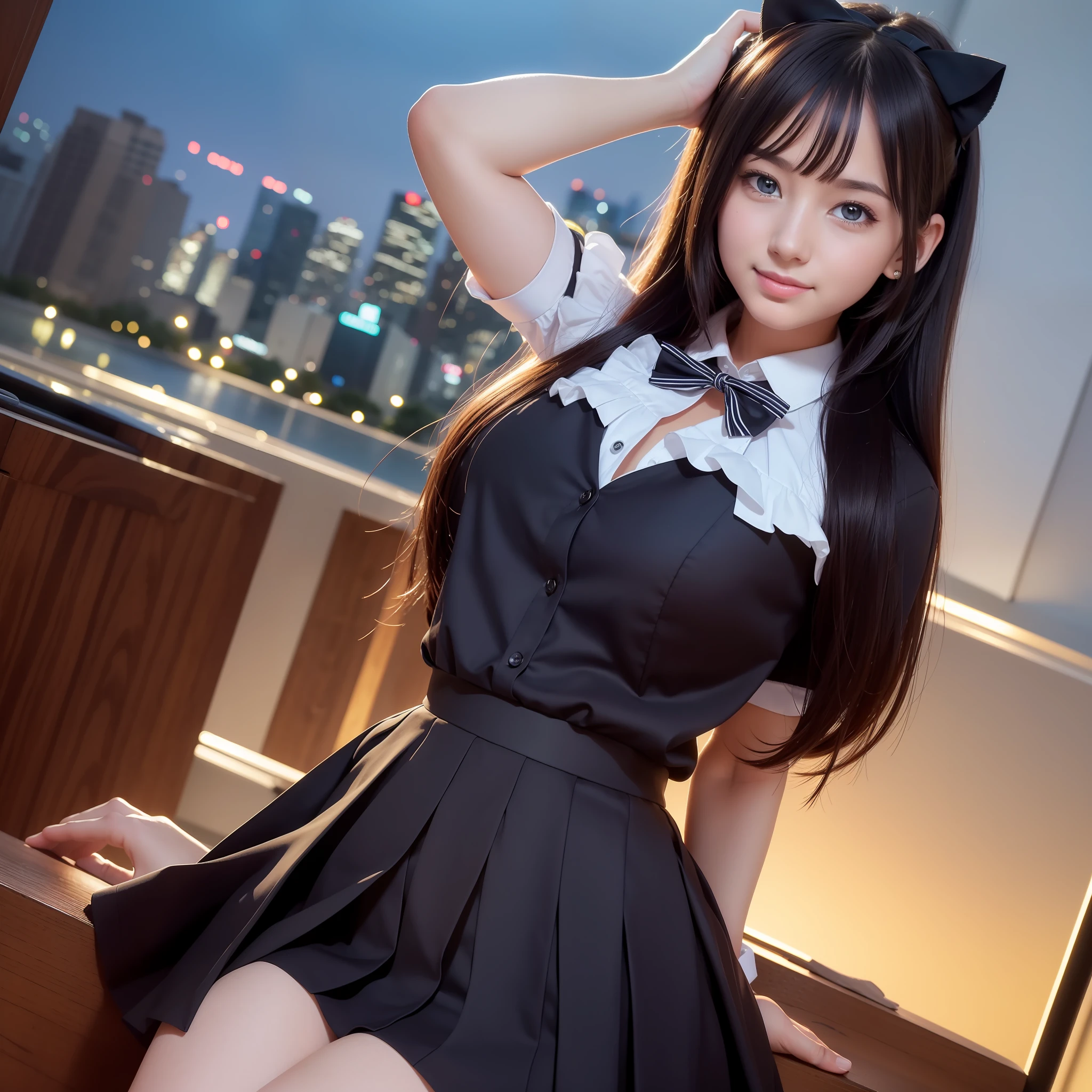 (8k, RAW photo, best quality, masterpiece: 1.2), (realistic, photo-realistic: 1.37), ultra-detailed, 1 girl, beautiful, solo, beautiful detailed sky, detailed coffee, night, sitting, dating, (flushed nose), (smile: 1.1), (closed mouth), medium breasts, beautiful detailed eyes, (collared shirt: 1.1), bow tie, pleated skirt, floating hair