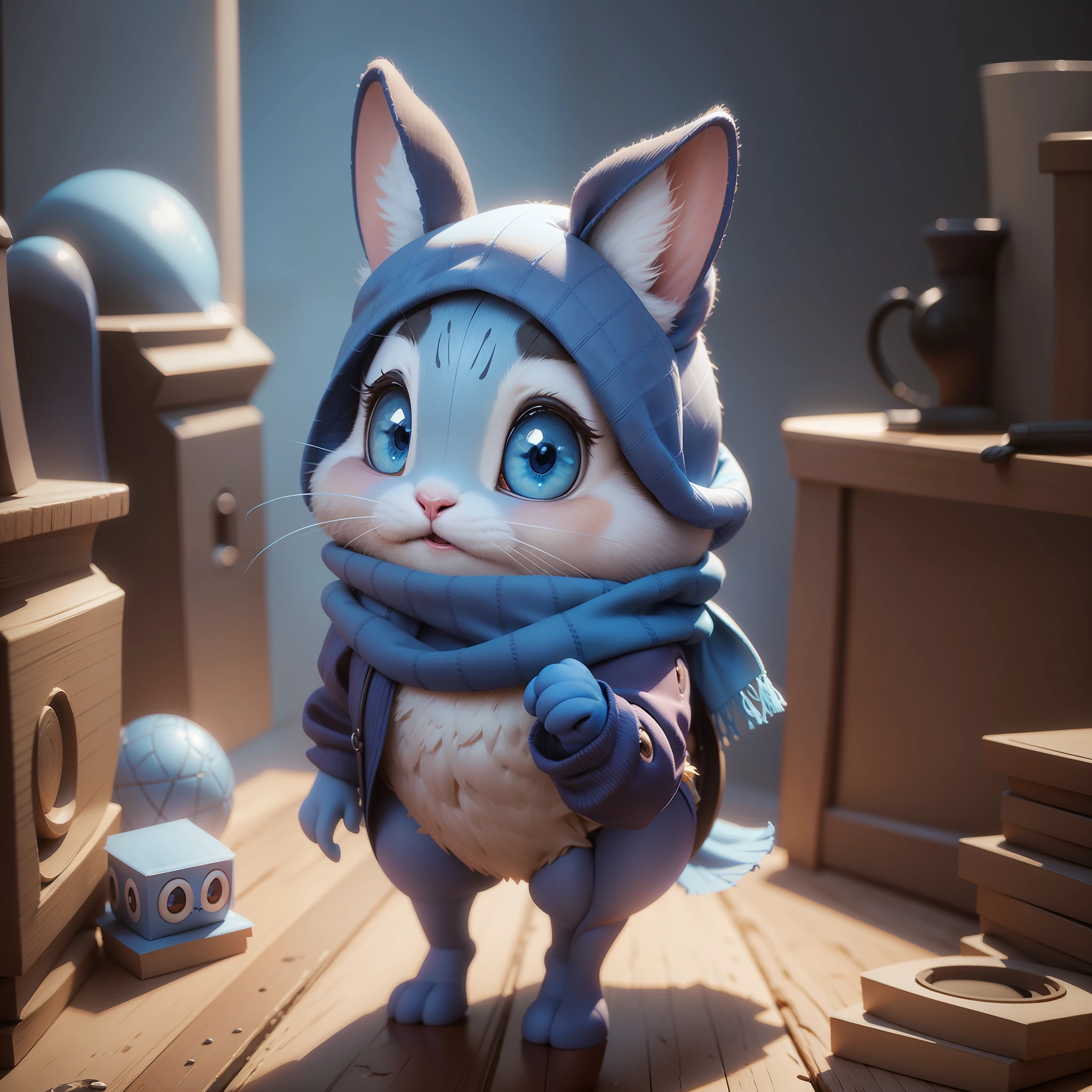 Blue scarf rabbit 3d image, full body, big eyes, happy, solid color background, Pixar, Complex Details,High Details, Studio Lighting, portrait, cute 3d, detailed digital art, stylized 3d rendering, 3d rendered 8k art, beautiful digital painting, disney 3d style, super detailed and cute rendering